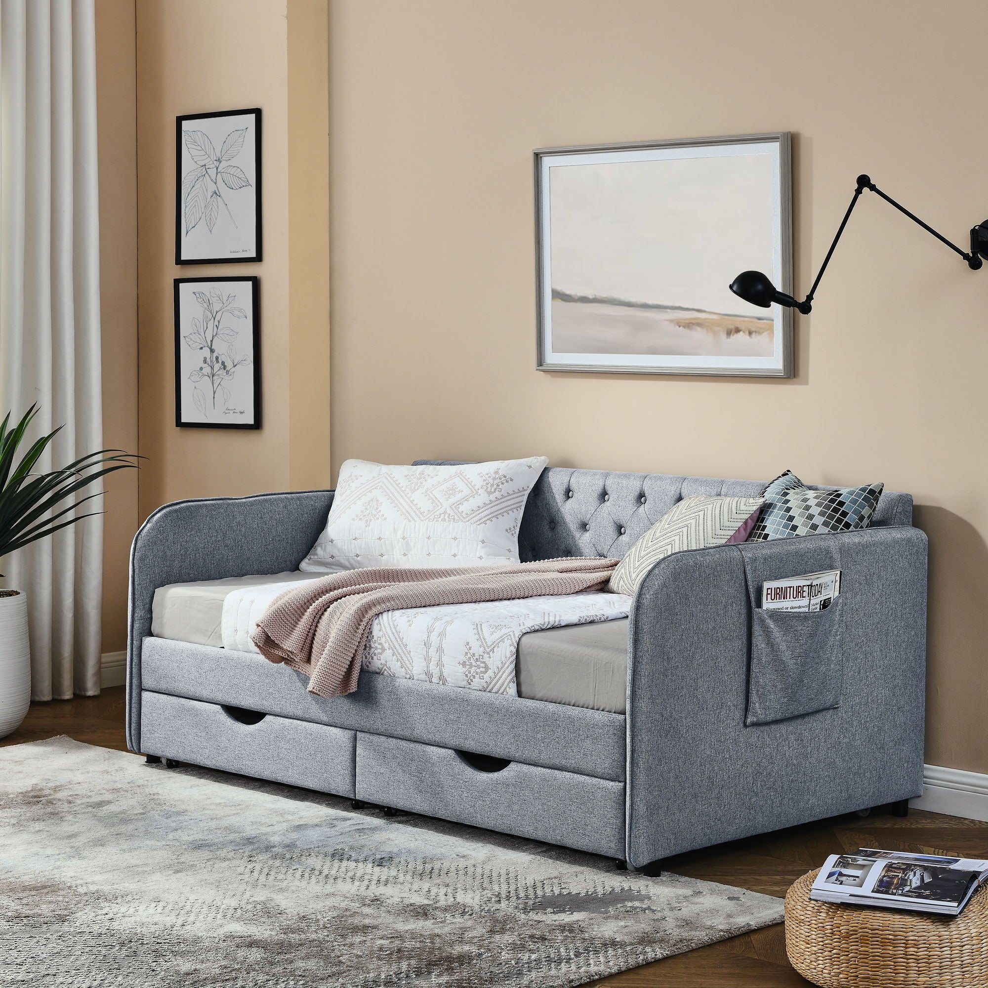 Daybed With Trundle And Storage Drawers, Flat Arms With Pocket - Image 20