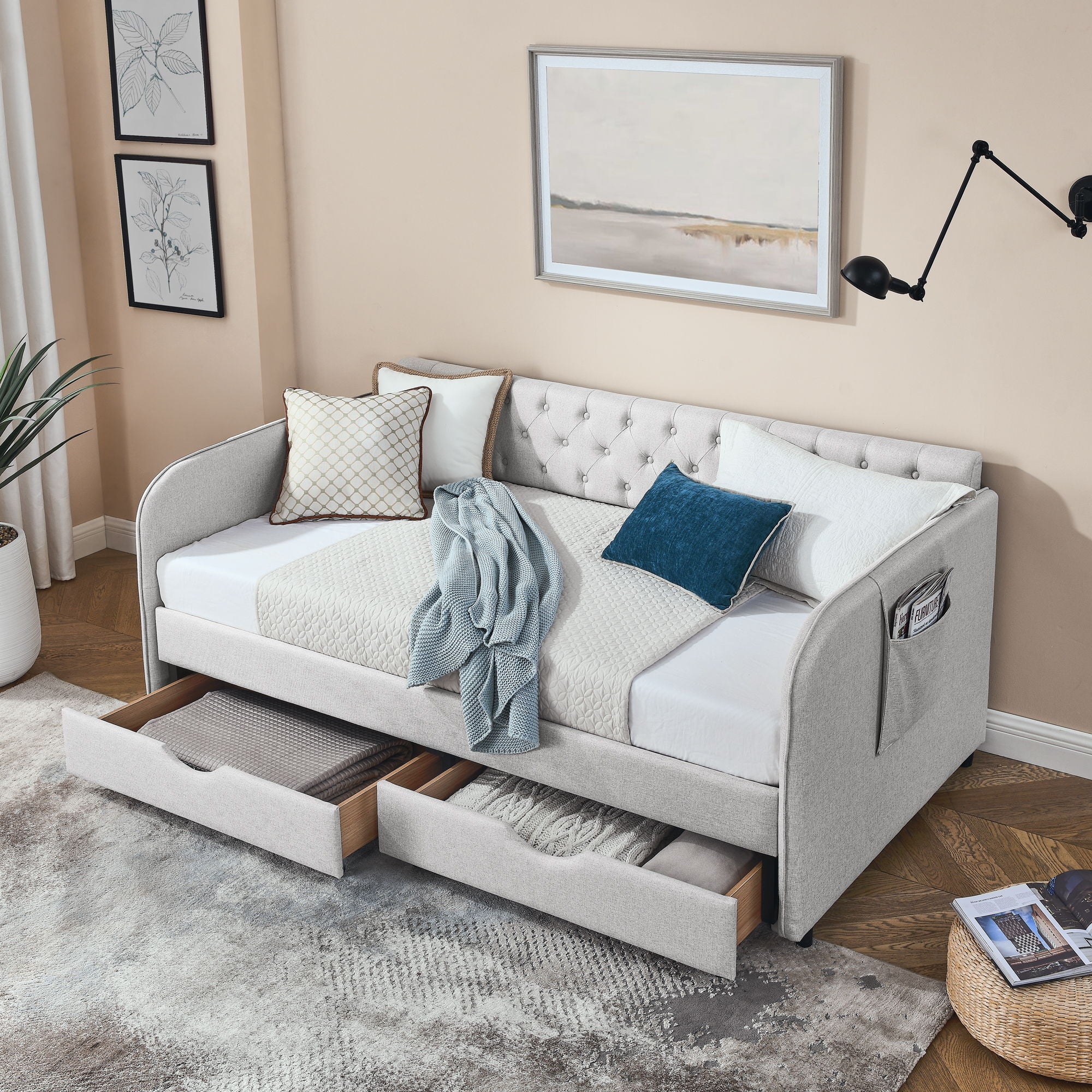 Daybed With Trundle And Storage Drawers, Flat Arms With Pocket - Image 21