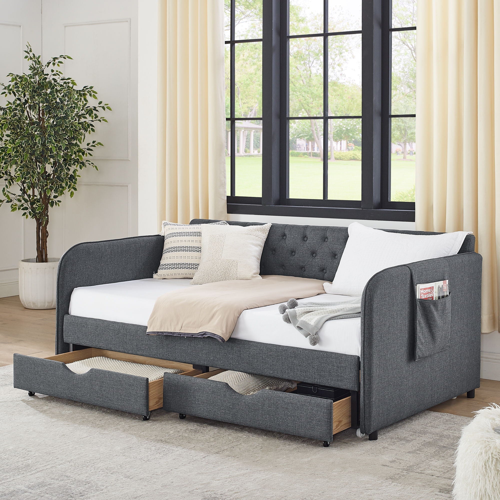 Daybed With Trundle And Storage Drawers, Flat Arms With Pocket - Image 22