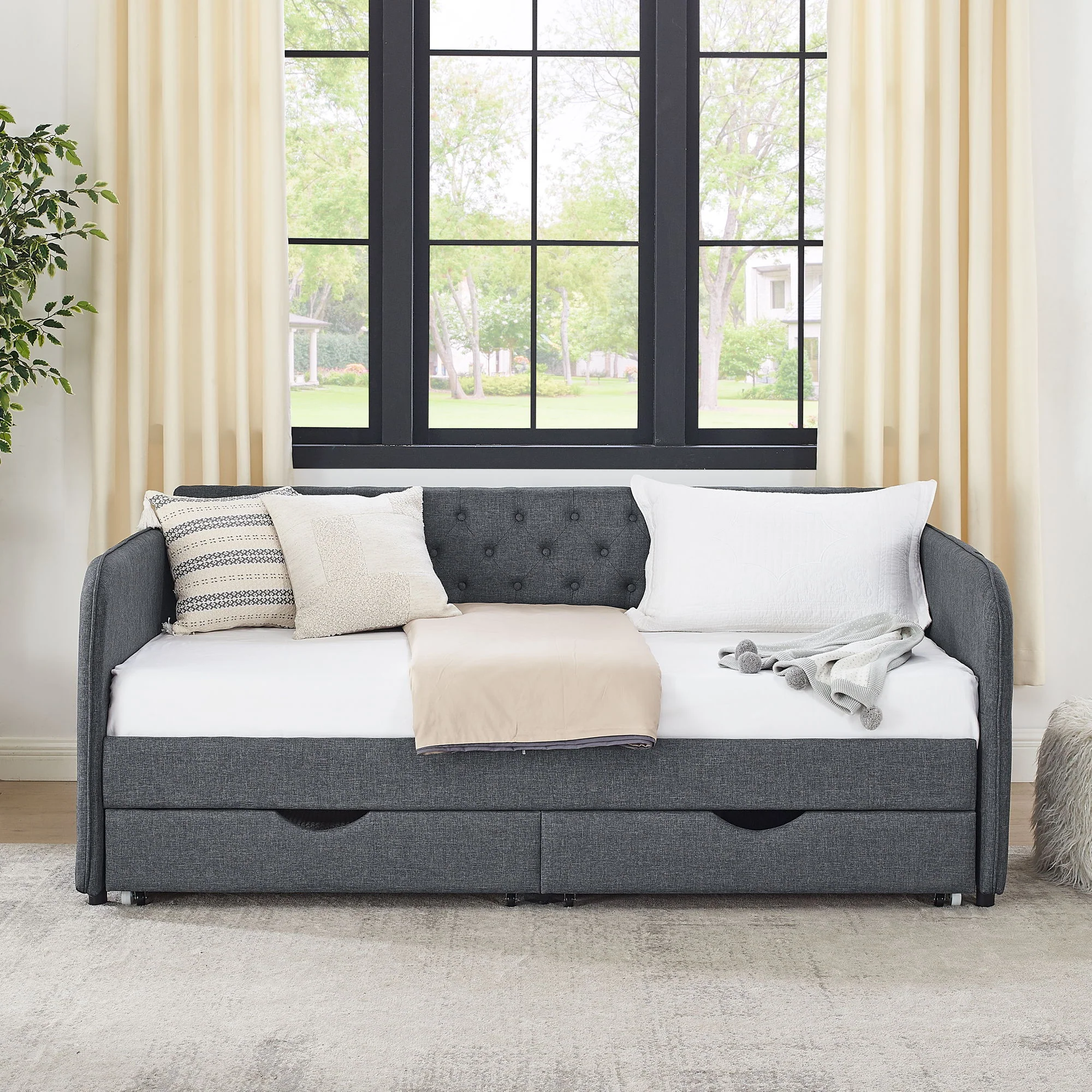 Daybed With Trundle And Storage Drawers, Flat Arms With Pocket - Image 23