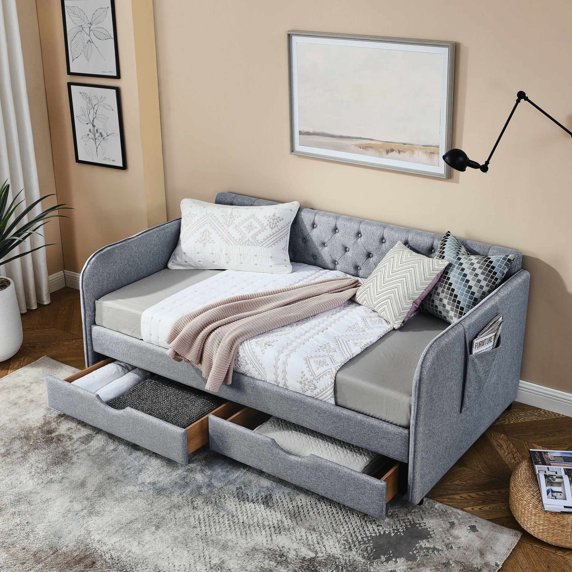 Daybed With Trundle And Storage Drawers, Flat Arms With Pocket - Image 24