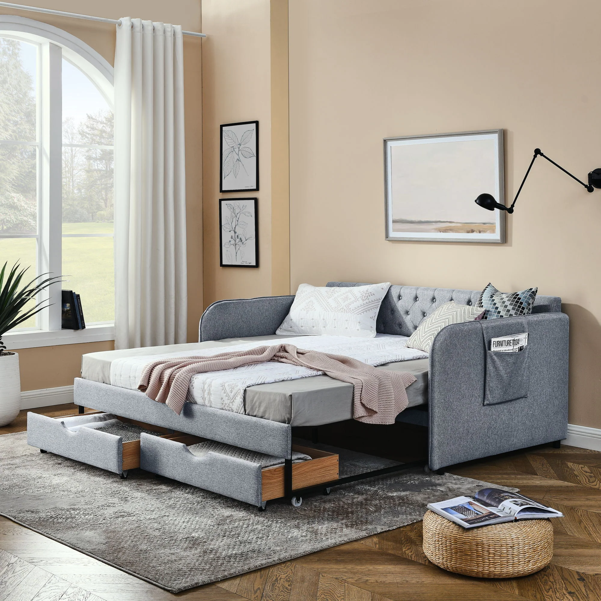 Daybed With Trundle And Storage Drawers, Flat Arms With Pocket - Image 25