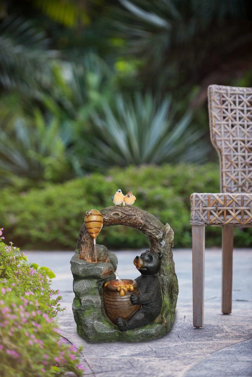 Decorative Two Tiered Water Fountain With Woodland Animal Design, Outdoor Fountain With Light And Pump - Dark Gray - Image 2