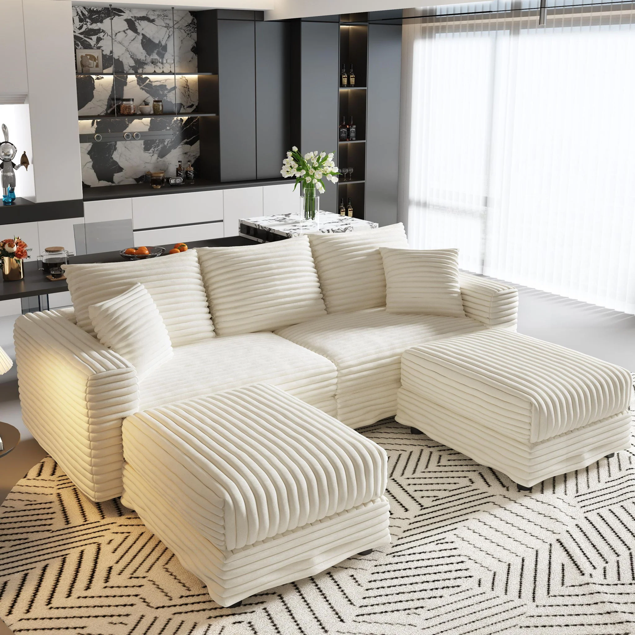 Deep Seat Convertible Sofa With Soft Pillows And Ottomans - Image 36