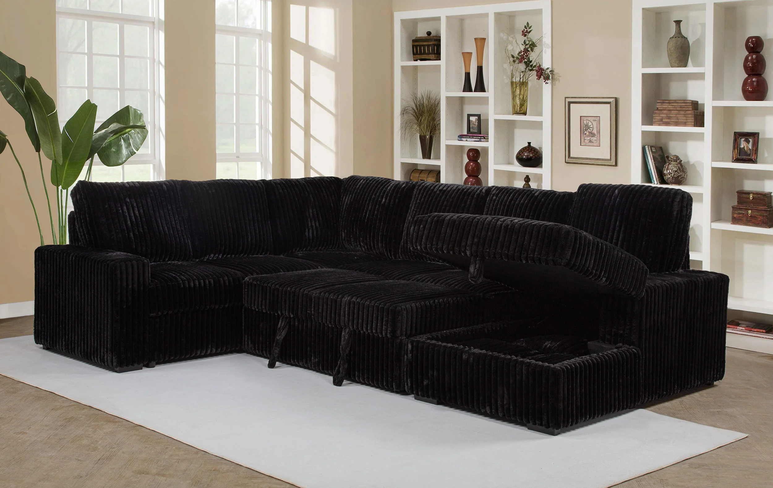 Devonshire Black Corduroy Sleeper Sectional with Storage Chaise - Image 2