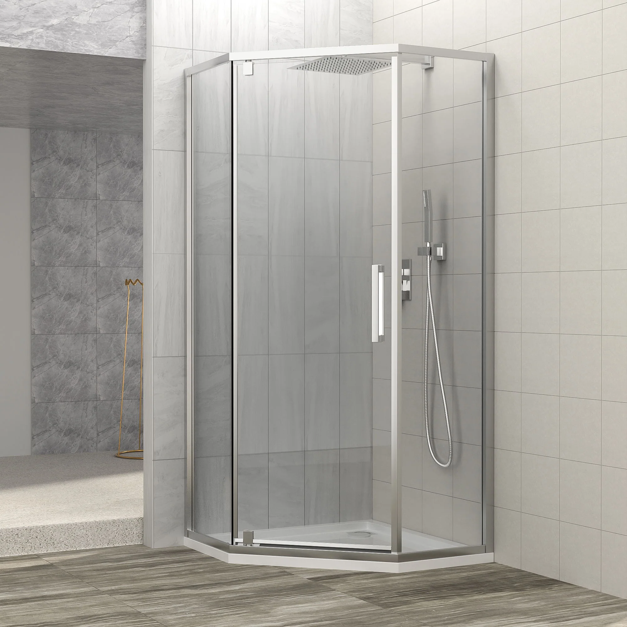 Diamond Shaped Corner Shower Door, Inward Sliding, Stainless Steel Frame - Image 9