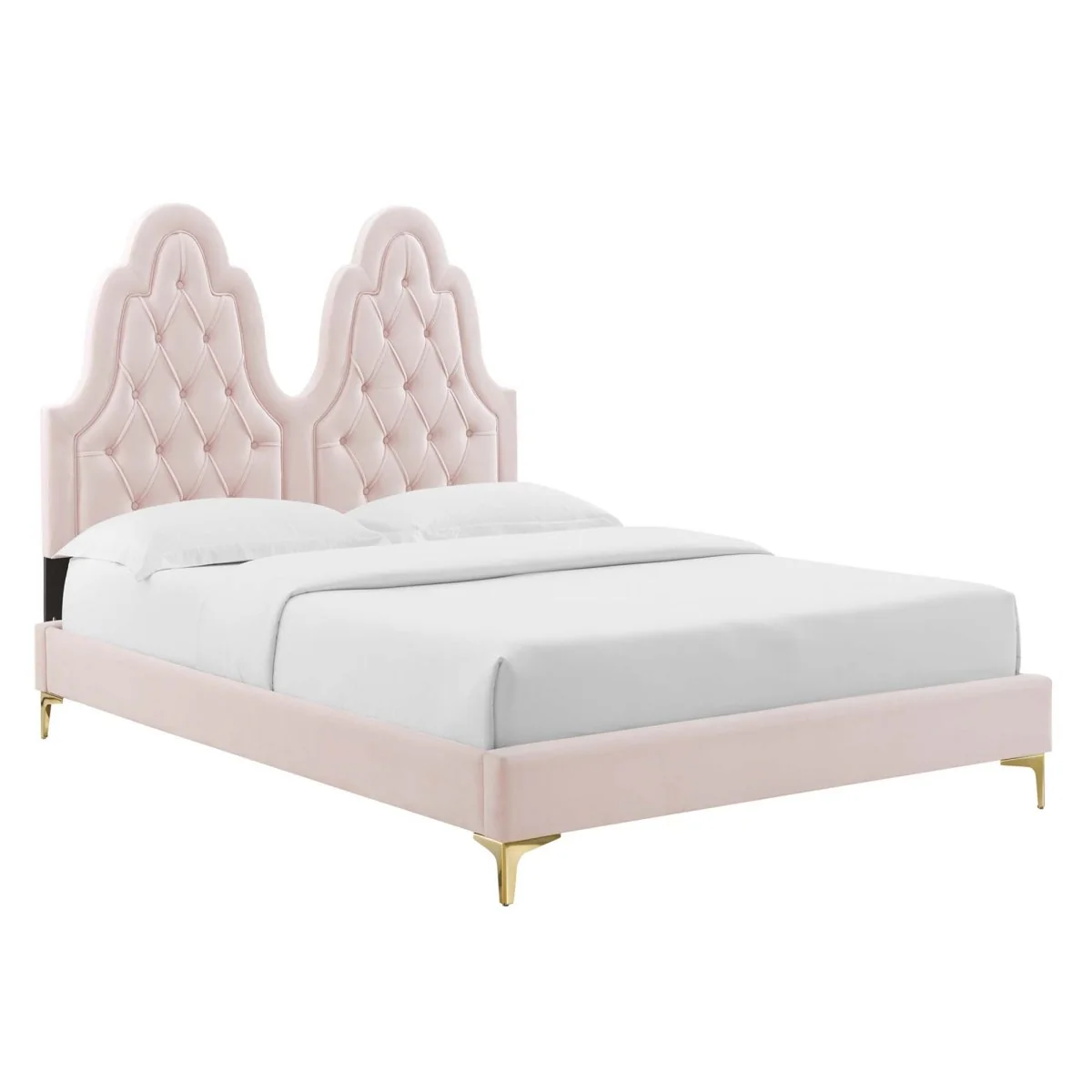 Diamond Tufted Performance Velvet Twin Platform Bed with Gold Metal Legs - Image 11