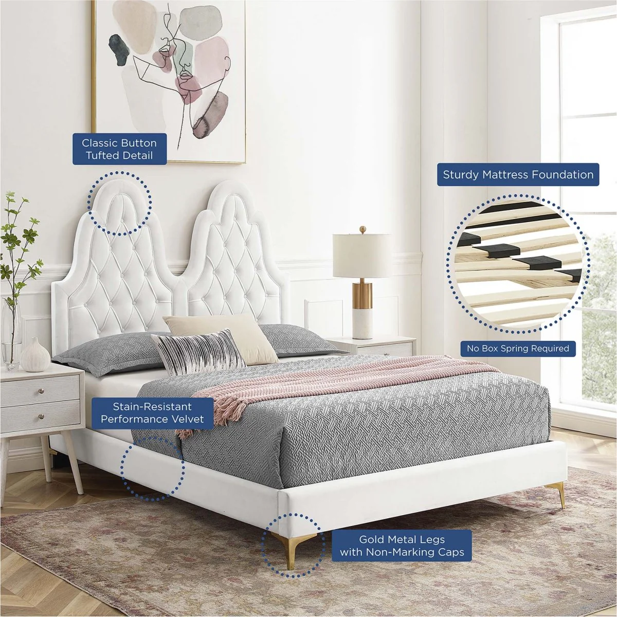 Diamond Tufted Performance Velvet Twin Platform Bed with Gold Metal Legs - Image 19