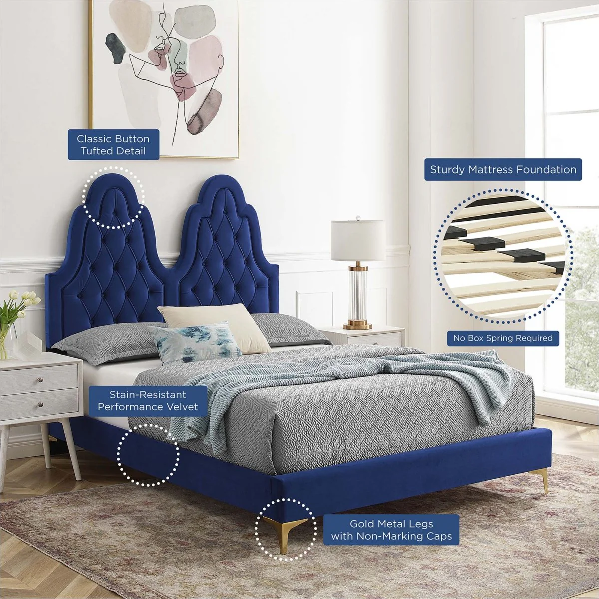 Diamond Tufted Performance Velvet Twin Platform Bed with Gold Metal Legs - Image 4