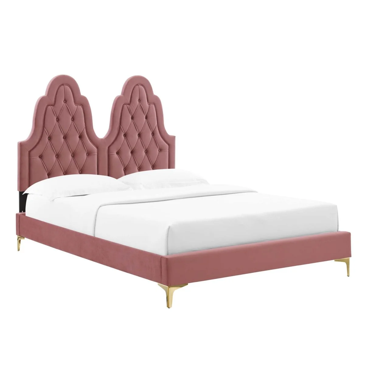 Diamond Tufted Performance Velvet Twin Platform Bed with Gold Metal Legs - Image 6
