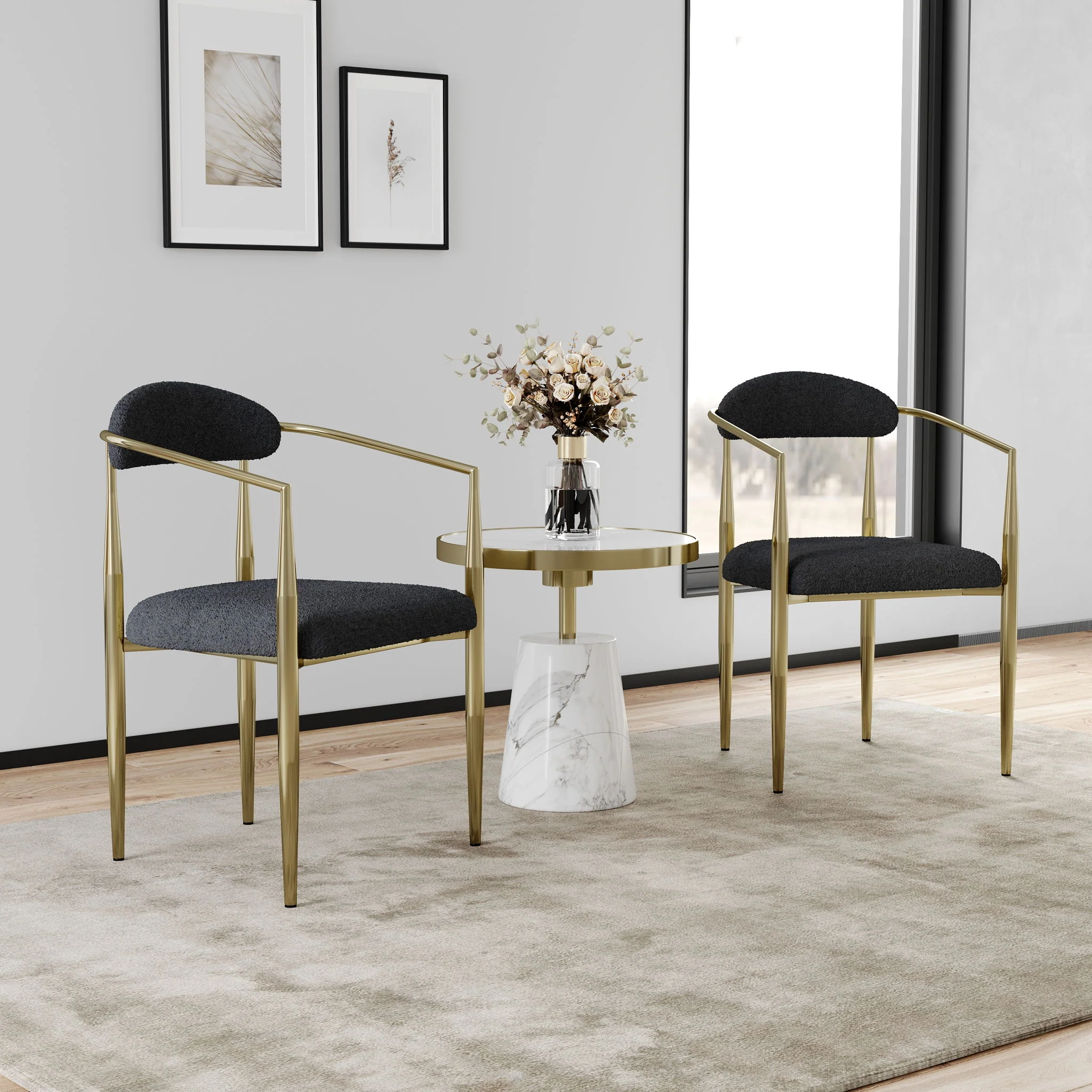 Dining Chairs (Set of 2), Mid-Century Modern Dining Chairs, Kitchen Dining Room Chairs, Round Boucle Backrest Sherpa Dining Chair With Metal Legs - Image 3