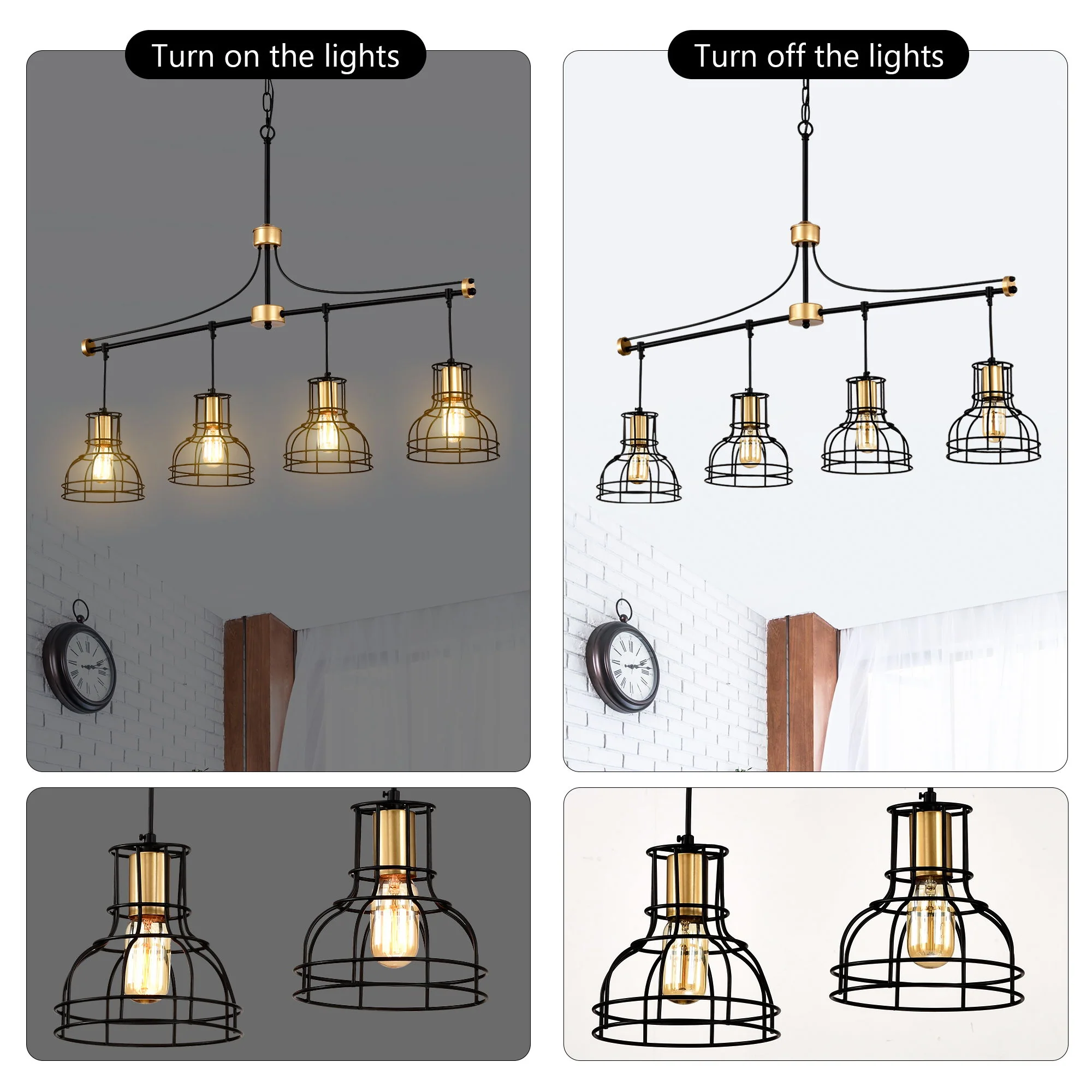 Dining Room Light Fixture / Chandelier Table, 40 -" Hanging For Farmhouse Linear Chandeliers, 5 Light Kitchen Island Lighting Ceiling Chandelier, With Metal Lampshade - Gold / Matte Black - Image 9