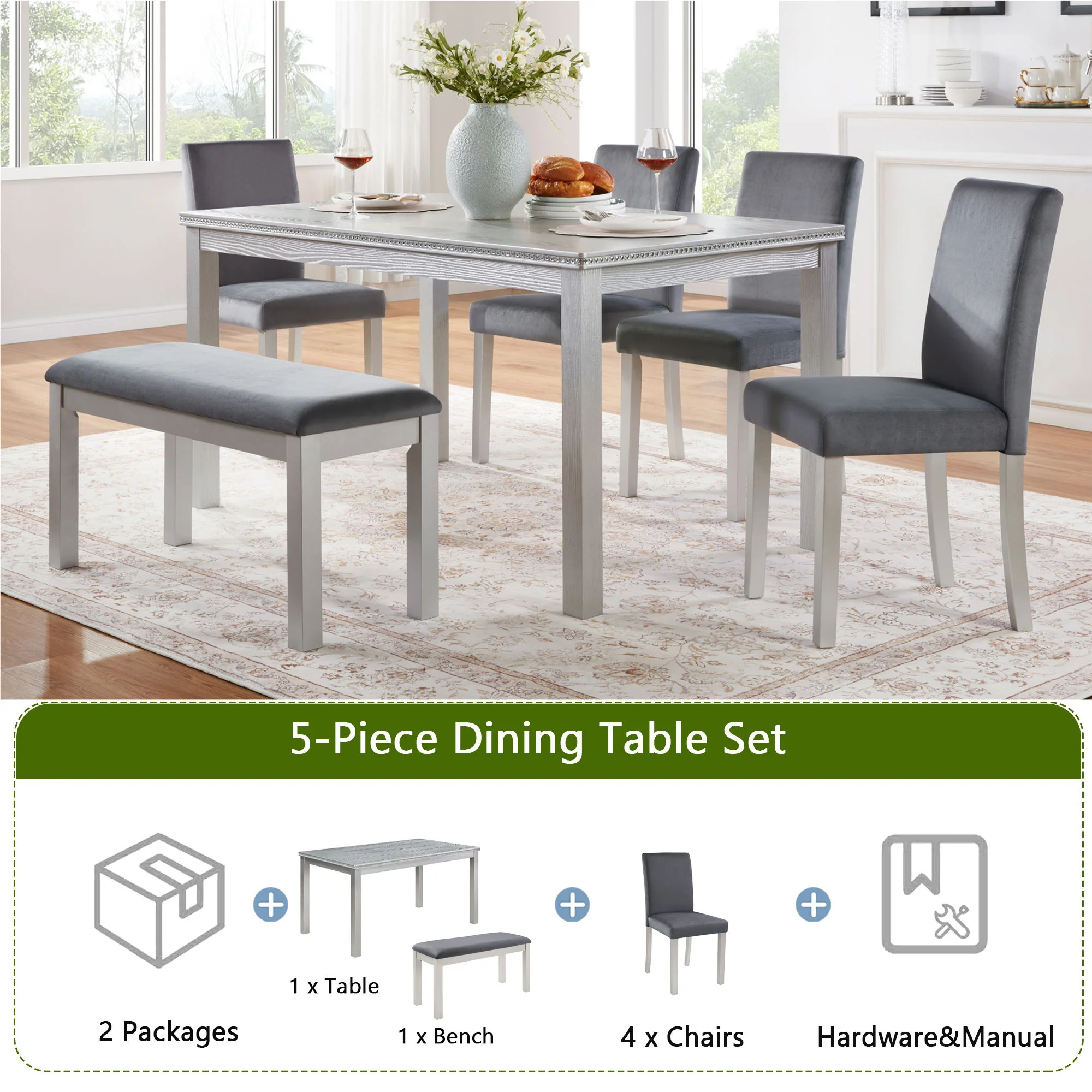 Dining Table Set, Table With A Rectangular Table And Upholstered Chairs - Image 17