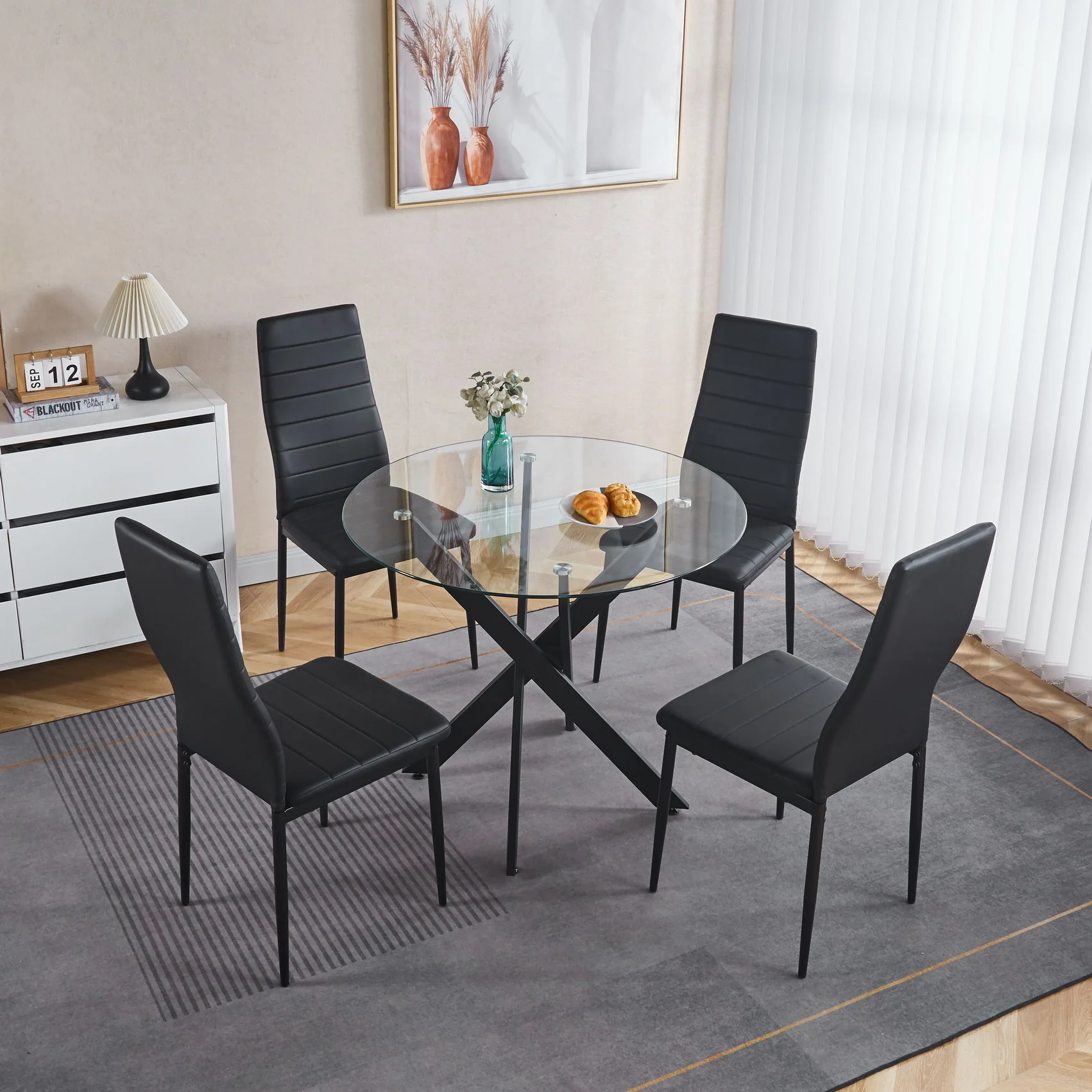 Dining Table With Cross Metal Leg And Tempered Glass, Modern Space Saving Kitchen Table For Living Room - Image 25