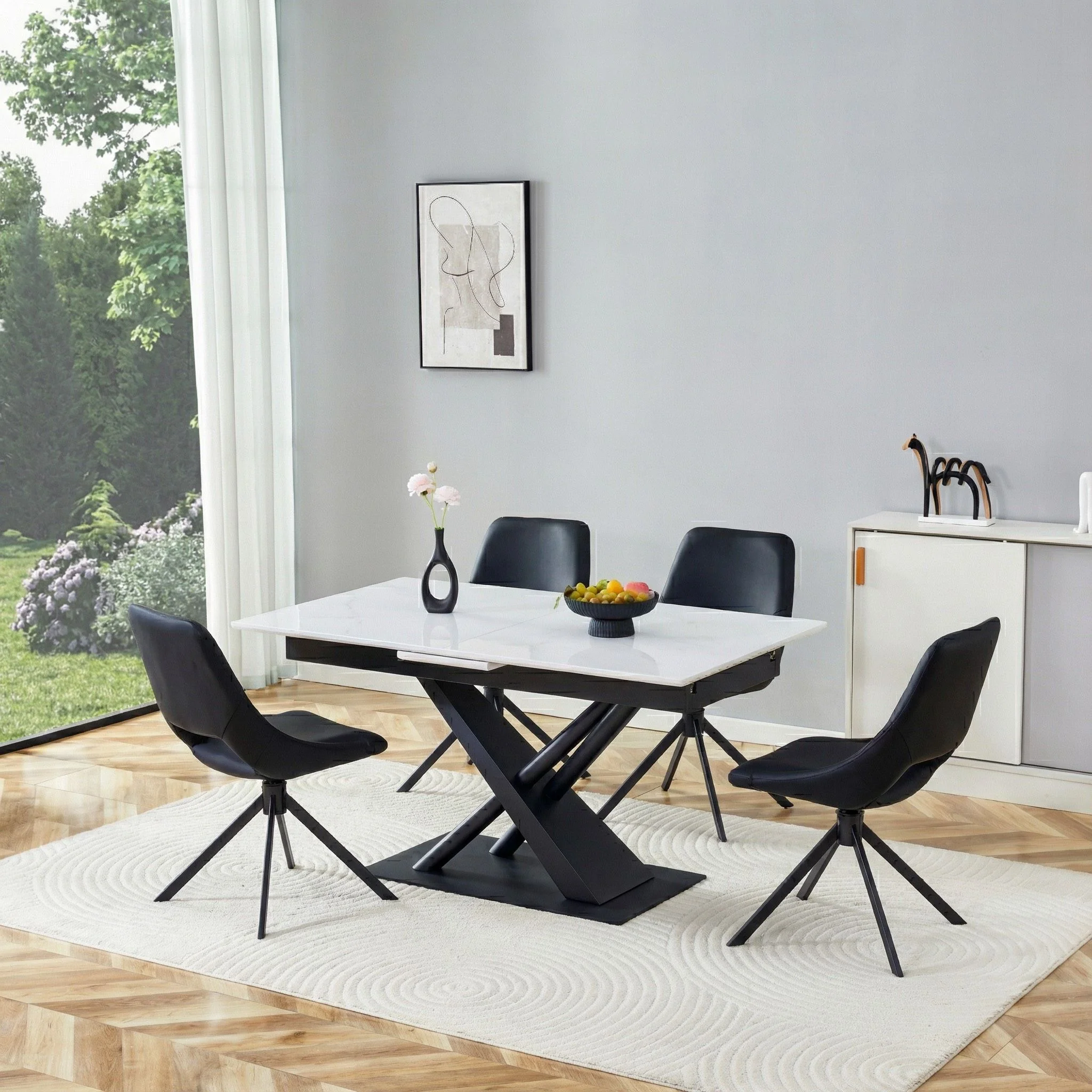 Dining Table With Geometric X Frame For Kitchen Or Dining Room - White Marble - Image 2