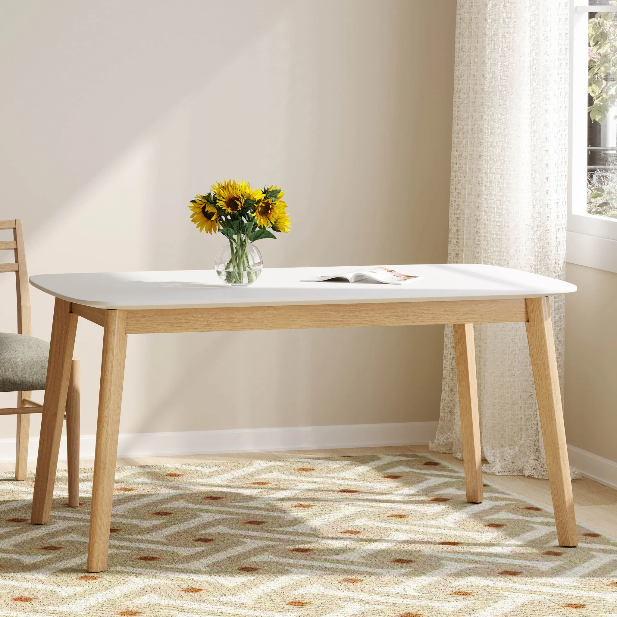 Dining Table With Splayed Rubberwood Legs & Faux Wood Tabletop, Mid Century Modern - White Oak - Image 6