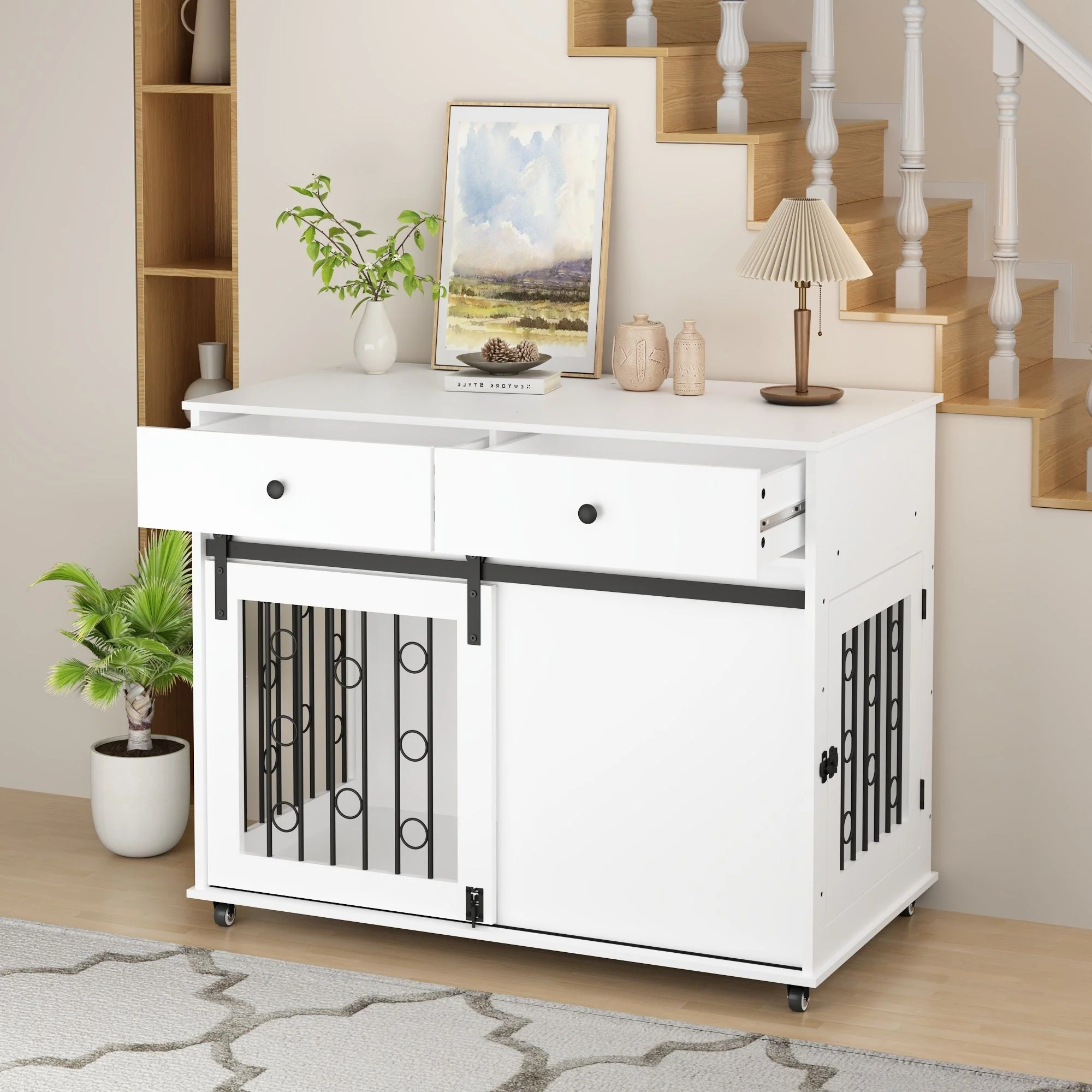 Dog Crate Furniture With Double Drawers And Sliding Barn Door, Pet Kennel For Small To Medium Dogs - White - Image 6