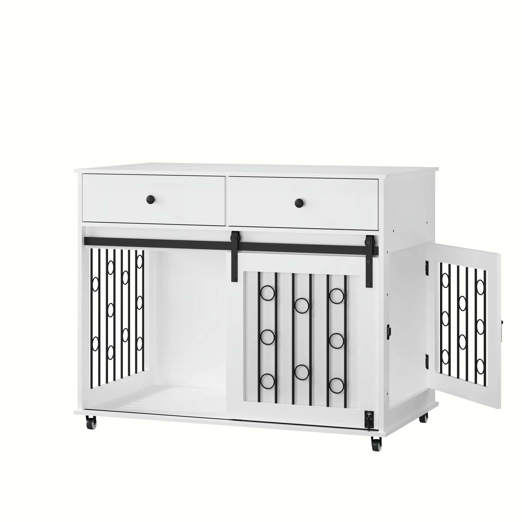 Dog Crate Furniture With Double Drawers And Sliding Barn Door, Pet Kennel For Small To Medium Dogs - White - Image 9