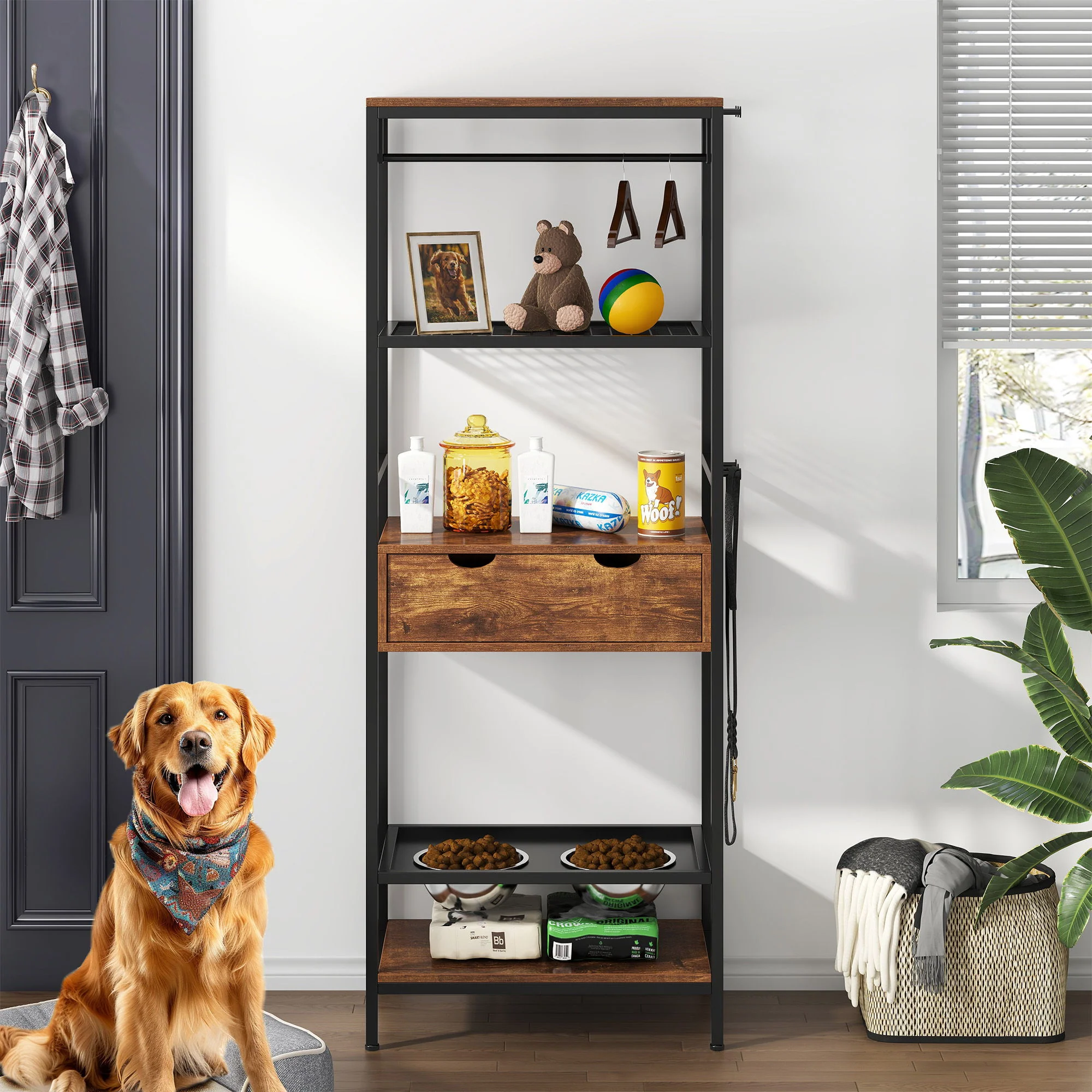 Dog Feeding Station, 3 Height Adjustable Raised Dog Bowls, Dog Feeder Station For Large Medium Dogs Cats, Dog Storage With Shelves - Black / Dark Brown - Image 4