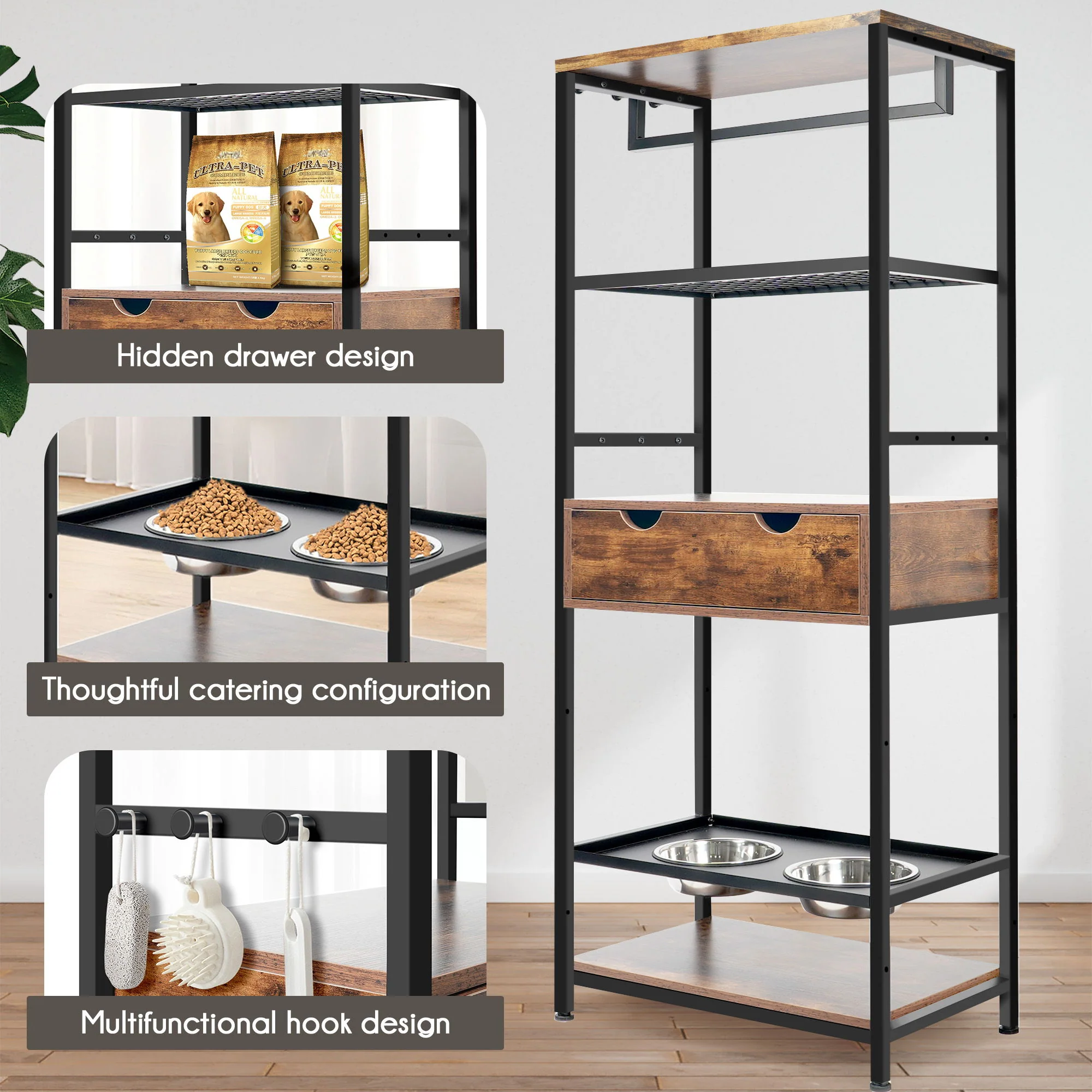Dog Feeding Station, 3 Height Adjustable Raised Dog Bowls, Dog Feeder Station For Large Medium Dogs Cats, Dog Storage With Shelves - Black / Dark Brown - Image 5