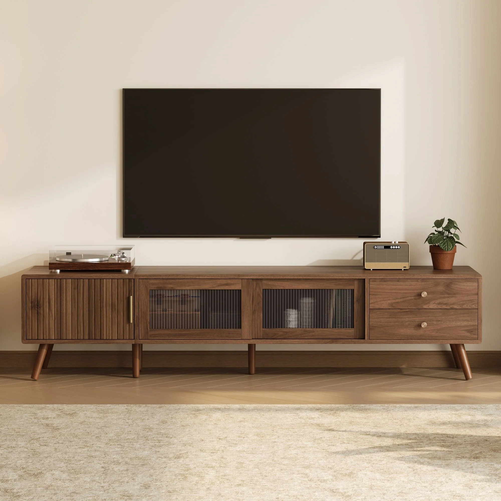 Doors TV Stand For TVs Up To 85", Entertainment Center With Storage Cabinets, TV Media Console Table For Living Room - Natural - Image 9