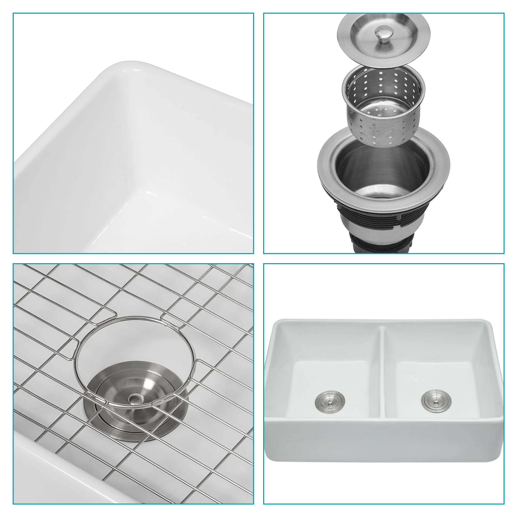 Double Bowl Apron Front Kitchen Sink 32", Sturdy And With Scratch Resistant - White - Image 4