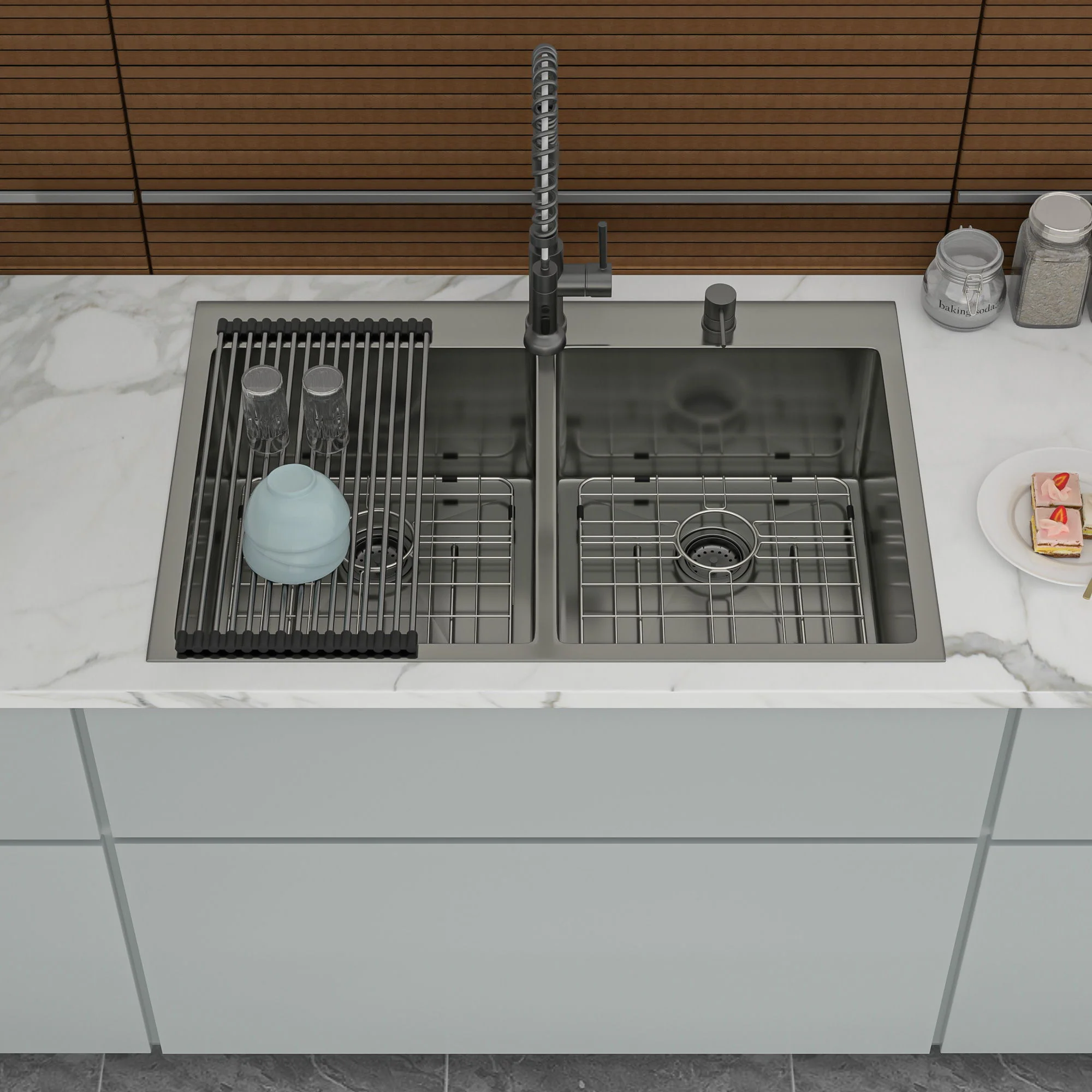 Double Bowl Drop In Kitchen Sink 33" X 22" With 16 Gauge Stainless Steel And 2 10" Deep Basins - Gunmetal Black - Image 4