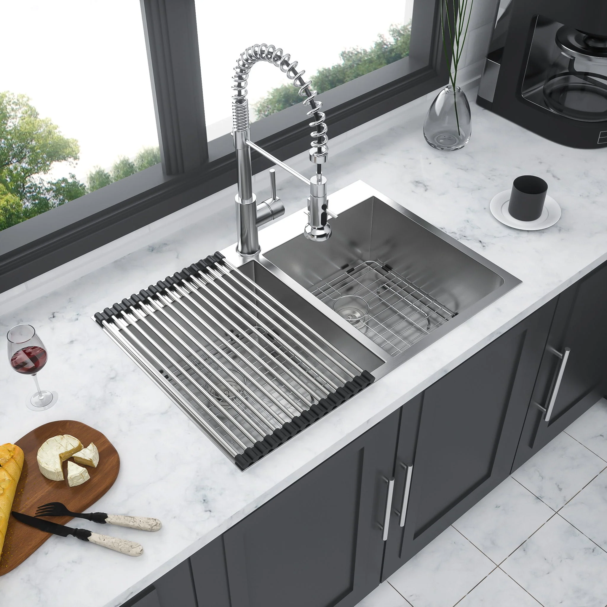 Double Bowl Drop In Sink, Stainless Steel With 50 / 50 Basins 18 Gauge - Brushed Nickel - Image 6