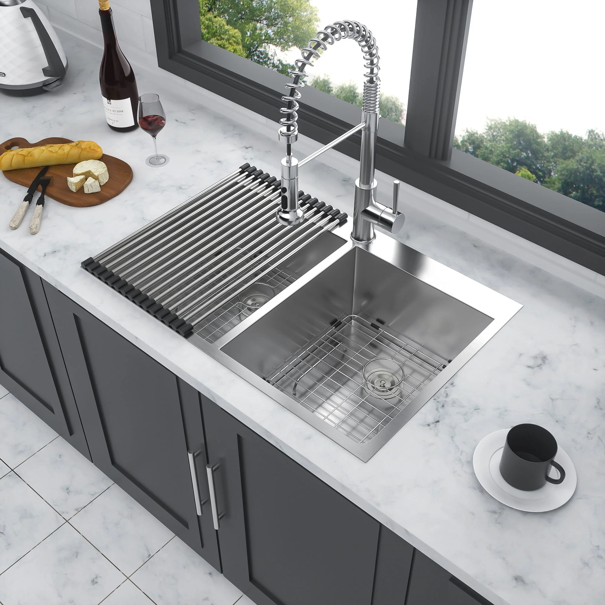Double Bowl Drop In Sink, Stainless Steel With 50 / 50 Basins 18 Gauge - Brushed Nickel - Image 7