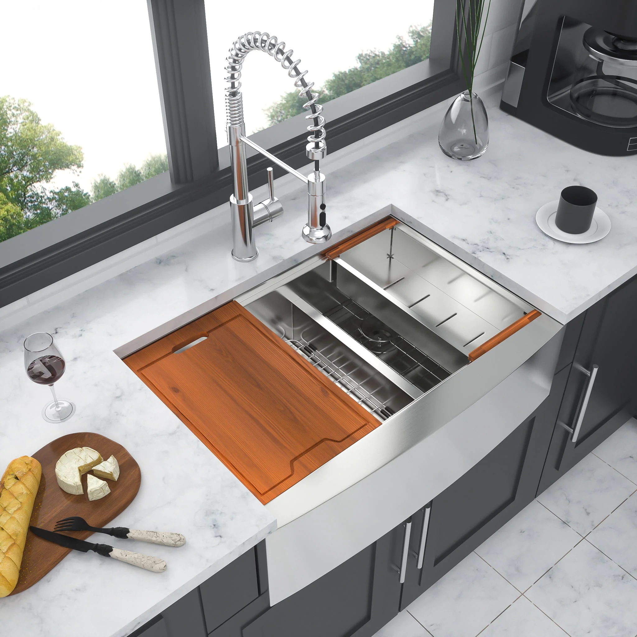 Double Bowl Farmhouse Sink Workstation 33" Stainless Steel 16 Gauge Apron Front - Black / Gray - Image 6