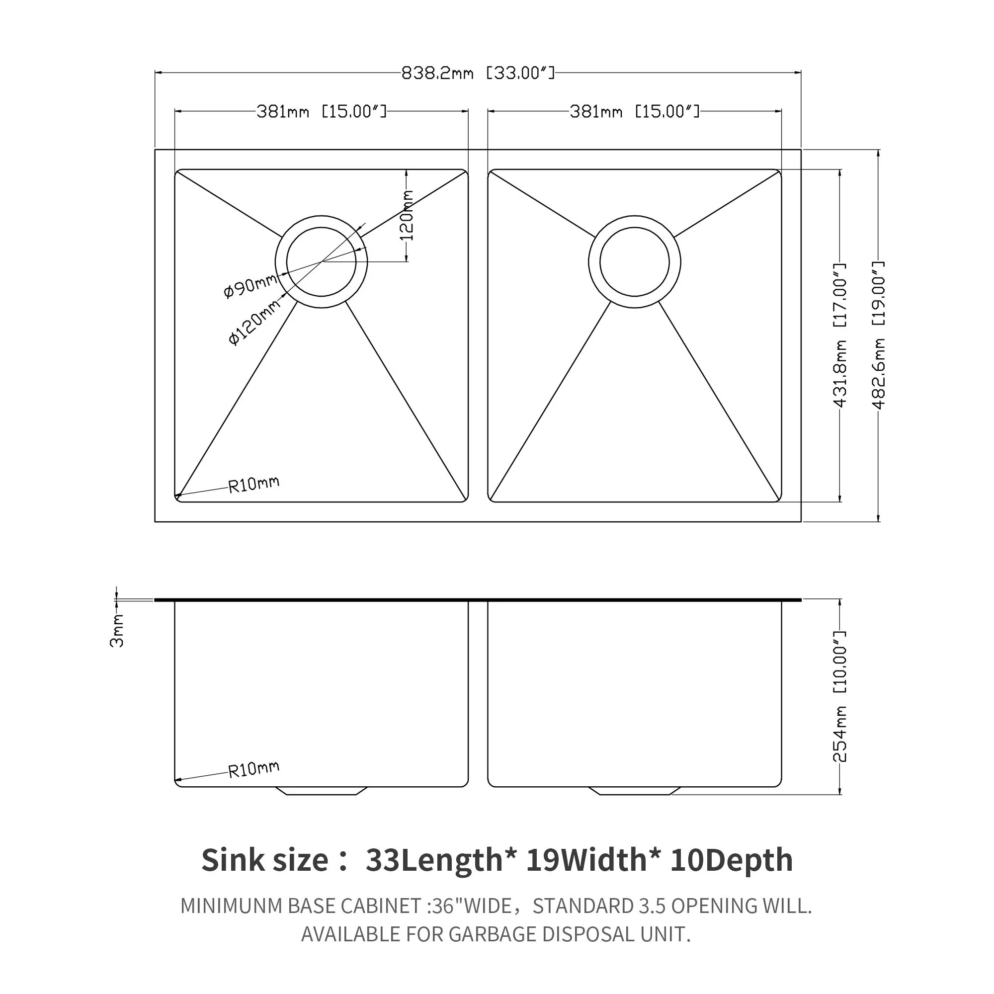 Double Bowl Undermount Kitchen Sink 16 Gauge 33" X 19" With Dual 10" Deep Basins - Gunmetal Black - Image 2