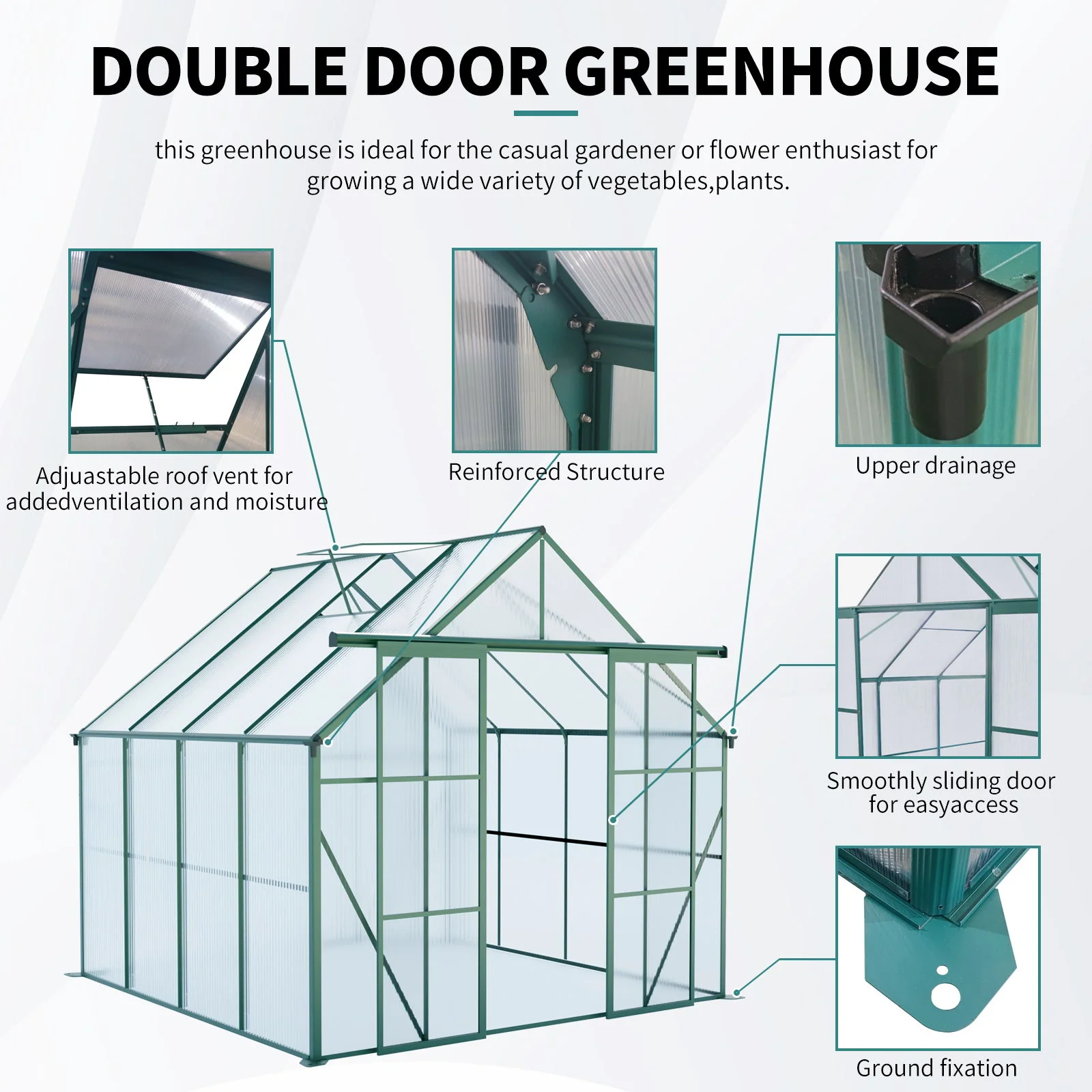 Double Door Polycarbonate house Raised Base And Anchor Aluminum Heavy Duty Walk In houses For Outdoor Backyard In All Season - Image 11