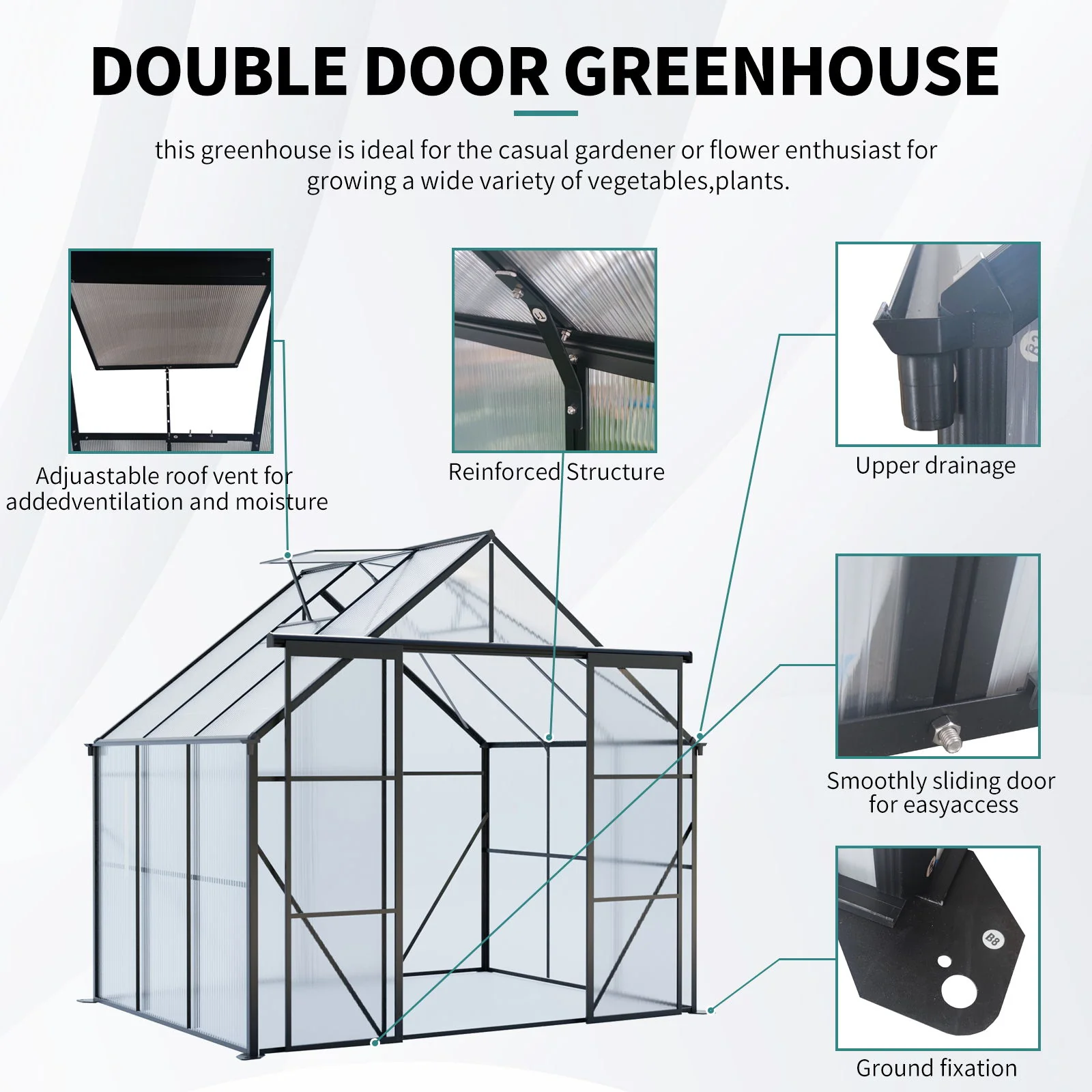 Double Door Polycarbonate house Raised Base And Anchor Aluminum Heavy Duty Walk In houses For Outdoor Backyard In All Season - Image 26