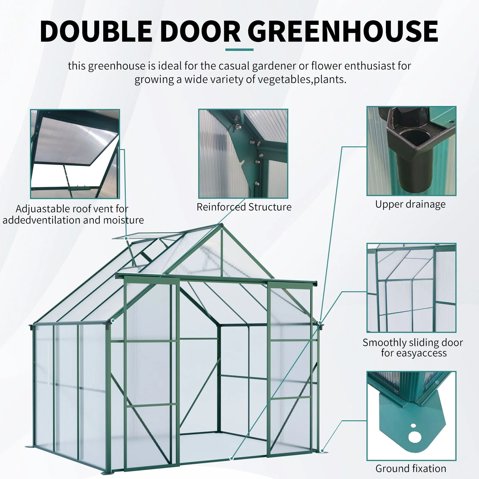 Double Door Polycarbonate house Raised Base And Anchor Aluminum Heavy Duty Walk In houses For Outdoor Backyard In All Season - Image 29