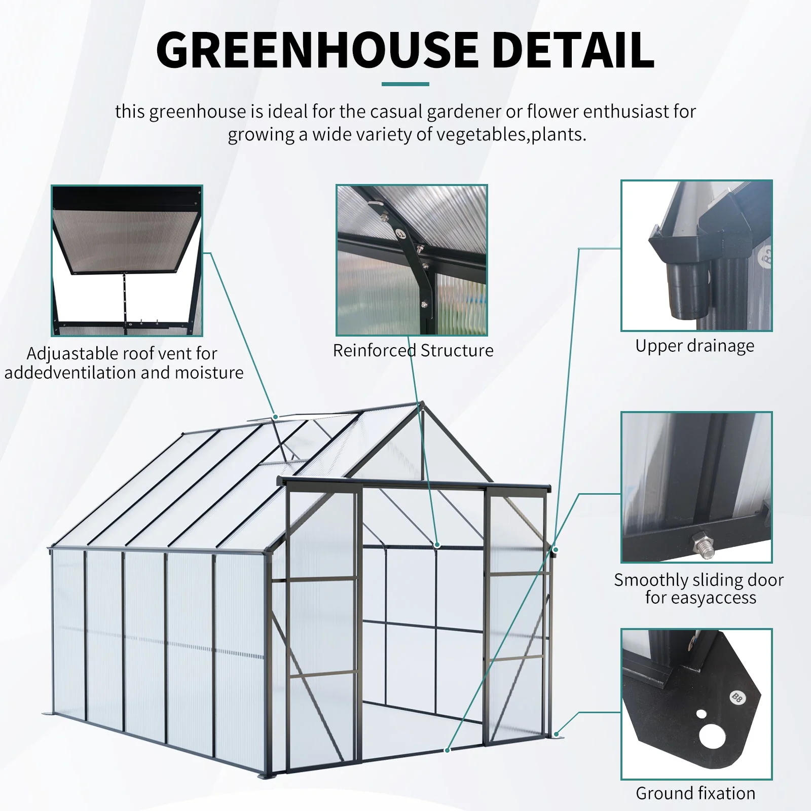 Double Door Polycarbonate house Raised Base And Anchor Aluminum Heavy Duty Walk In houses For Outdoor Backyard In All Season - Image 36