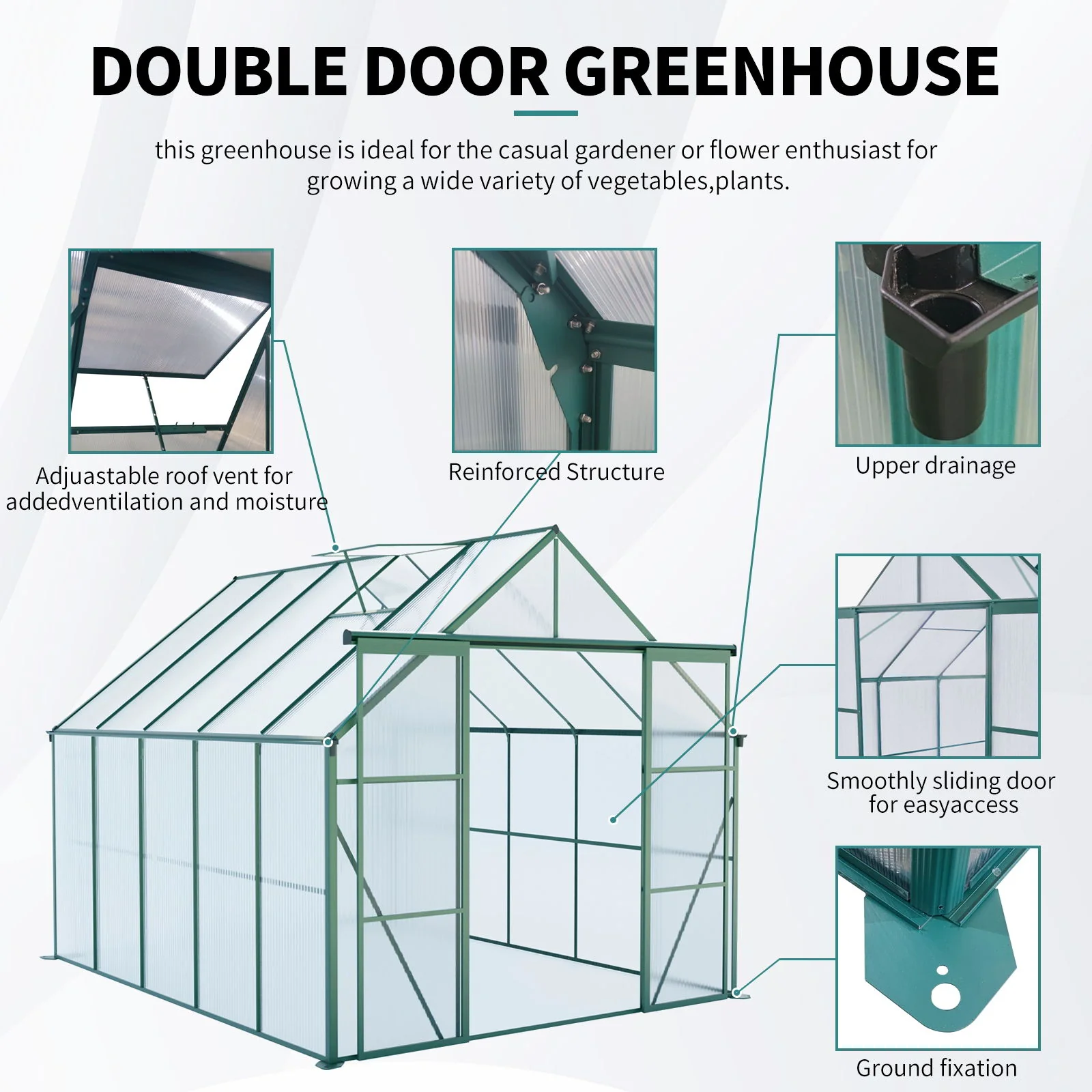 Double Door Polycarbonate house Raised Base And Anchor Aluminum Heavy Duty Walk In houses For Outdoor Backyard In All Season - Image 38