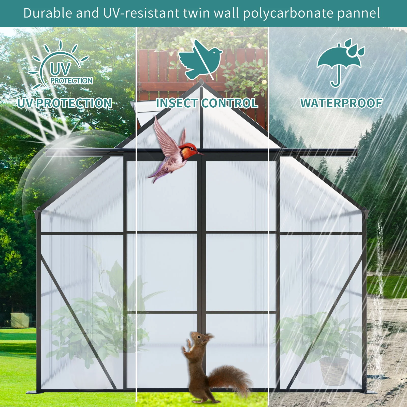 Double Door Polycarbonate house Raised Base And Anchor Aluminum Heavy Duty Walk In houses For Outdoor Backyard In All Season - Image 7
