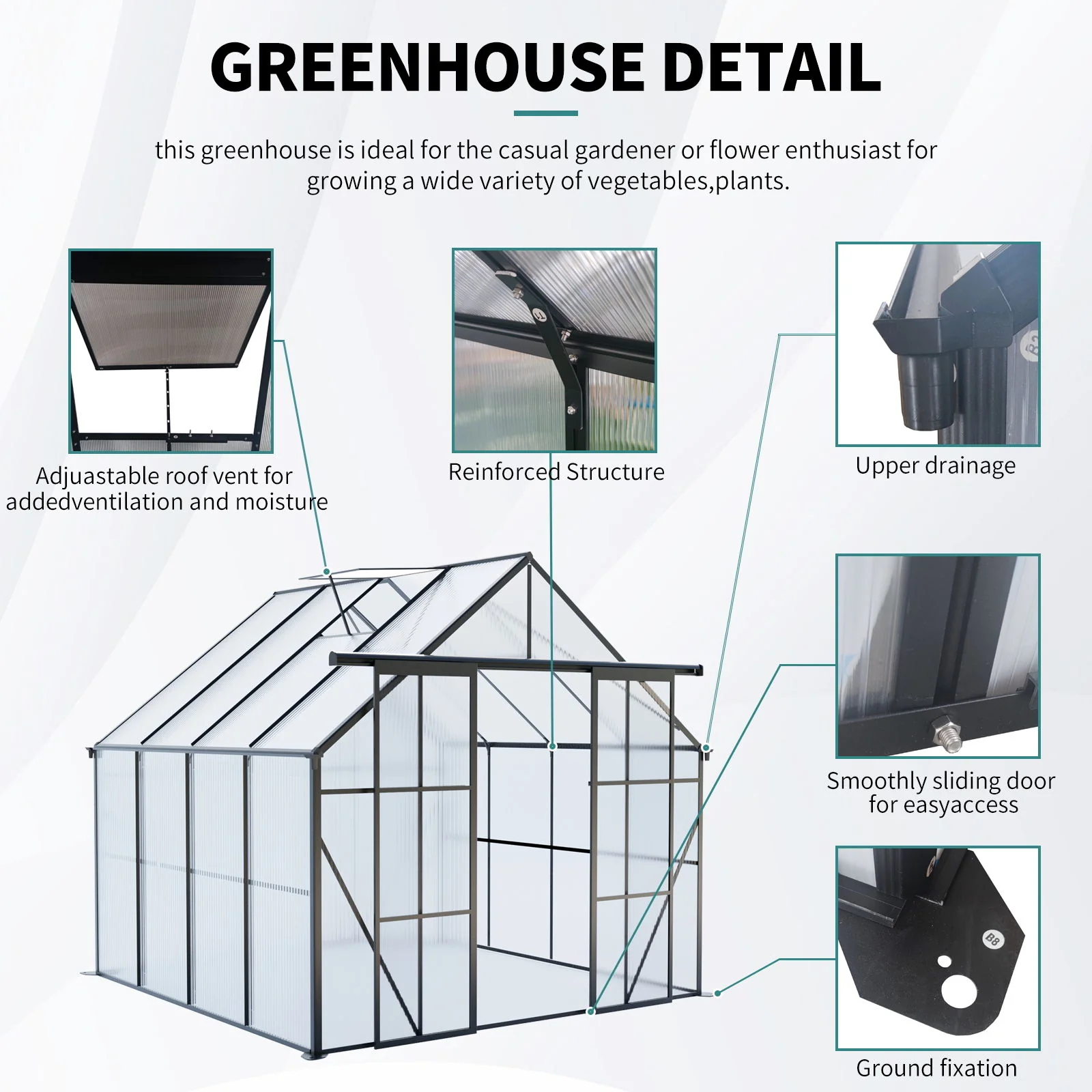 Double Door Polycarbonate house Raised Base And Anchor Aluminum Heavy Duty Walk In houses For Outdoor Backyard In All Season - Image 8