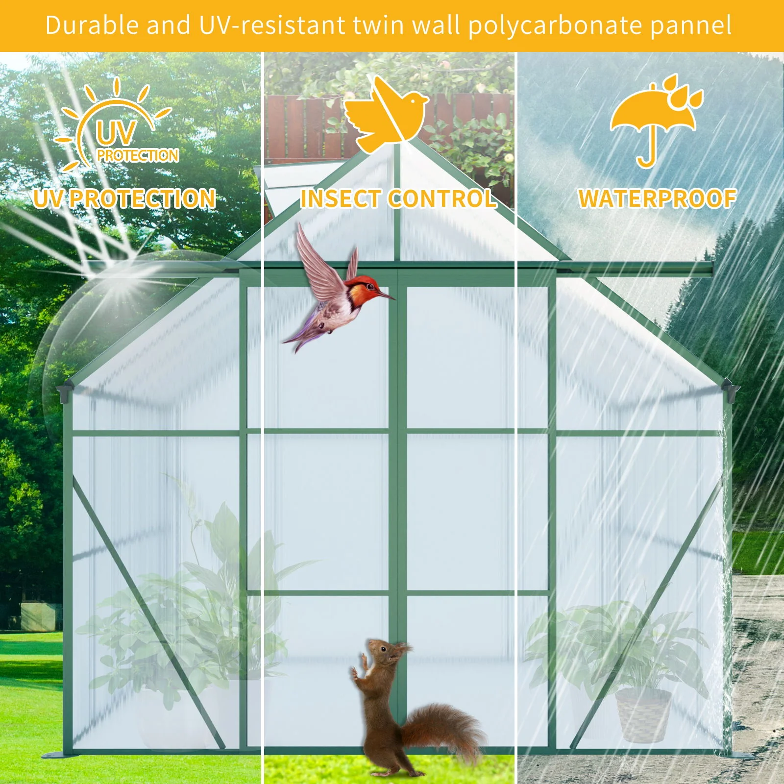 Double Door Polycarbonate house Raised Base And Anchor Aluminum Heavy Duty Walk In houses For Outdoor Backyard In All Season - Image 9