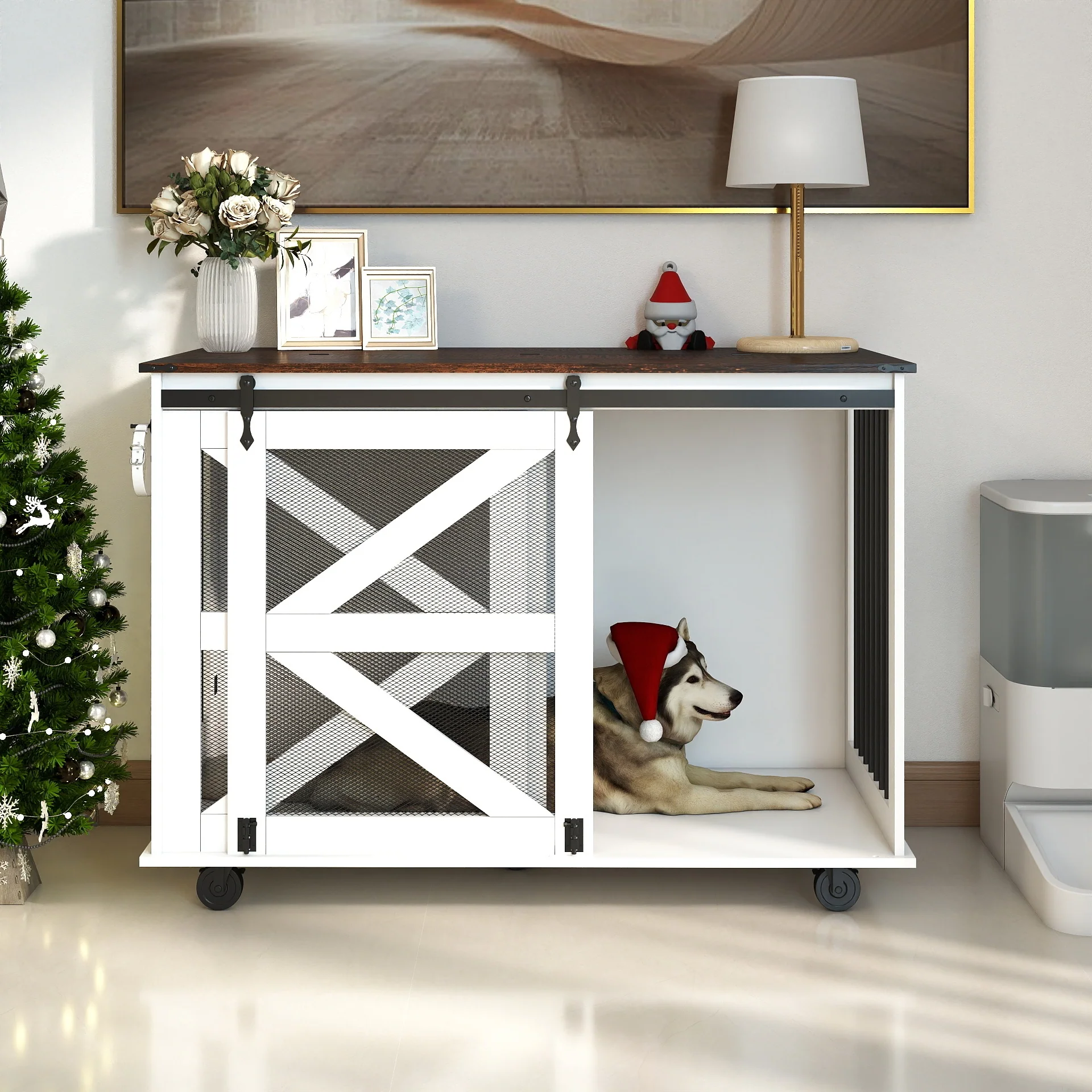 Double Furniture Dog Crate Sliding Barn Doors Removable Divider Wood - Image 25