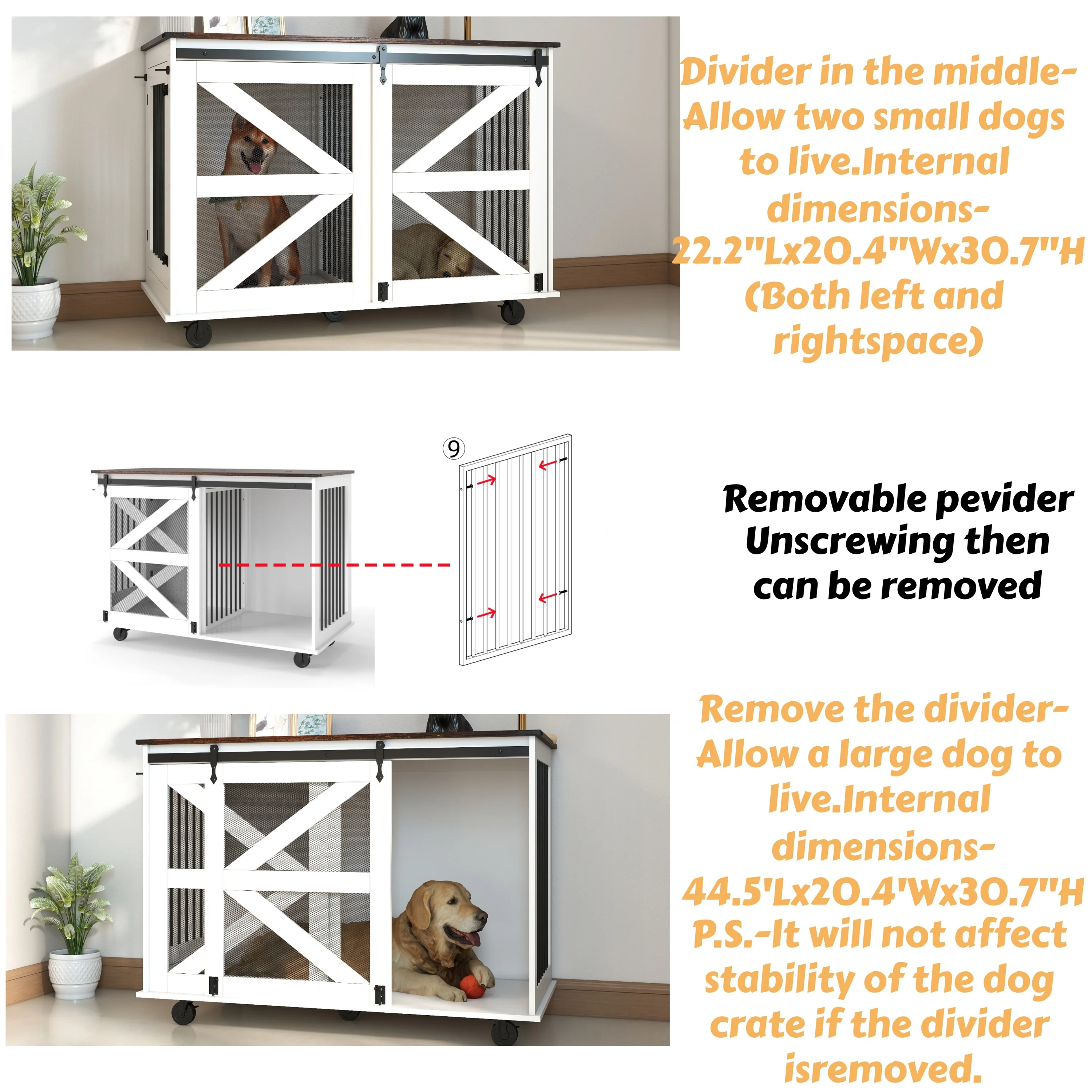 Double Furniture Dog Crate Sliding Barn Doors Removable Divider Wood - Image 31