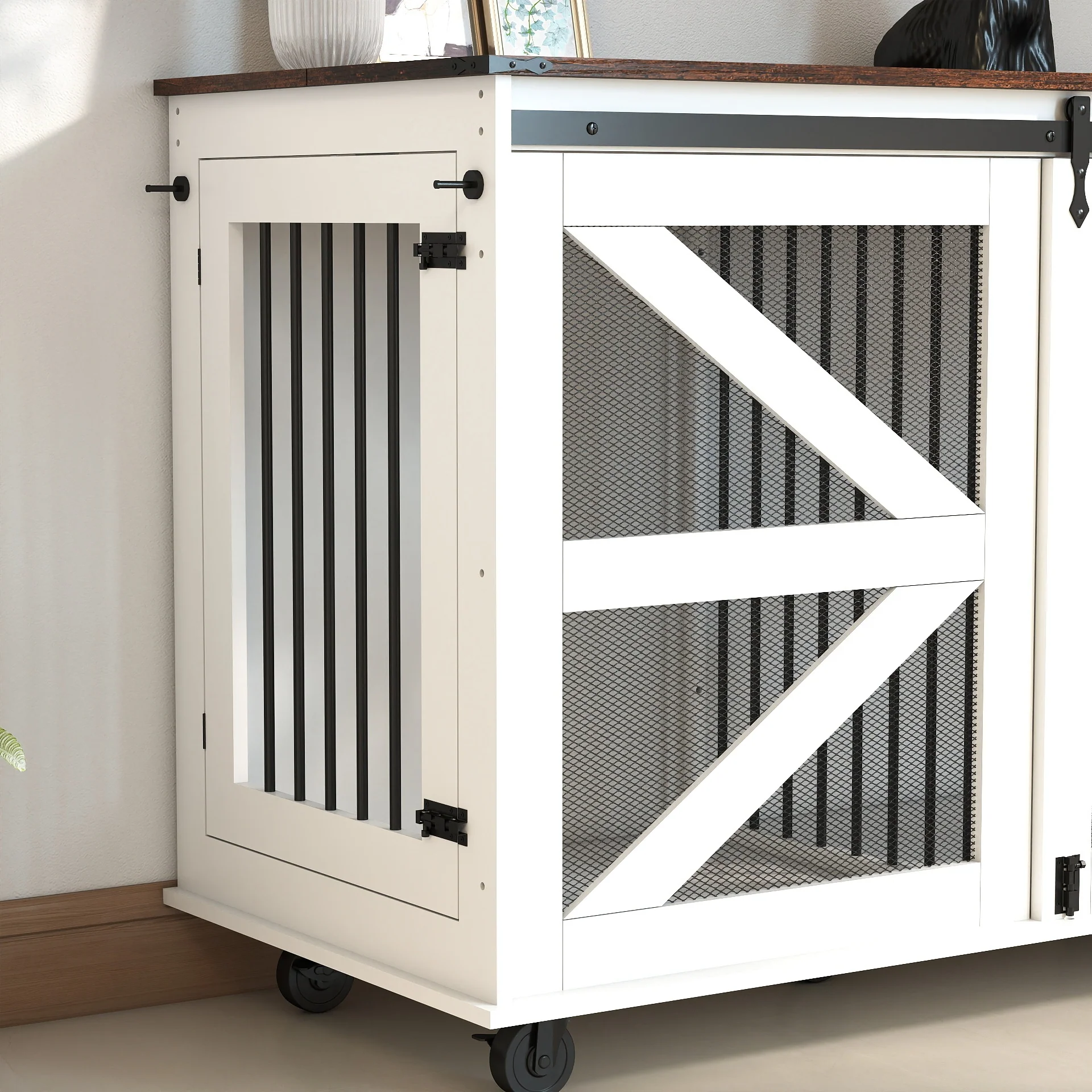 Double Furniture Dog Crate Sliding Barn Doors Removable Divider Wood - Image 37