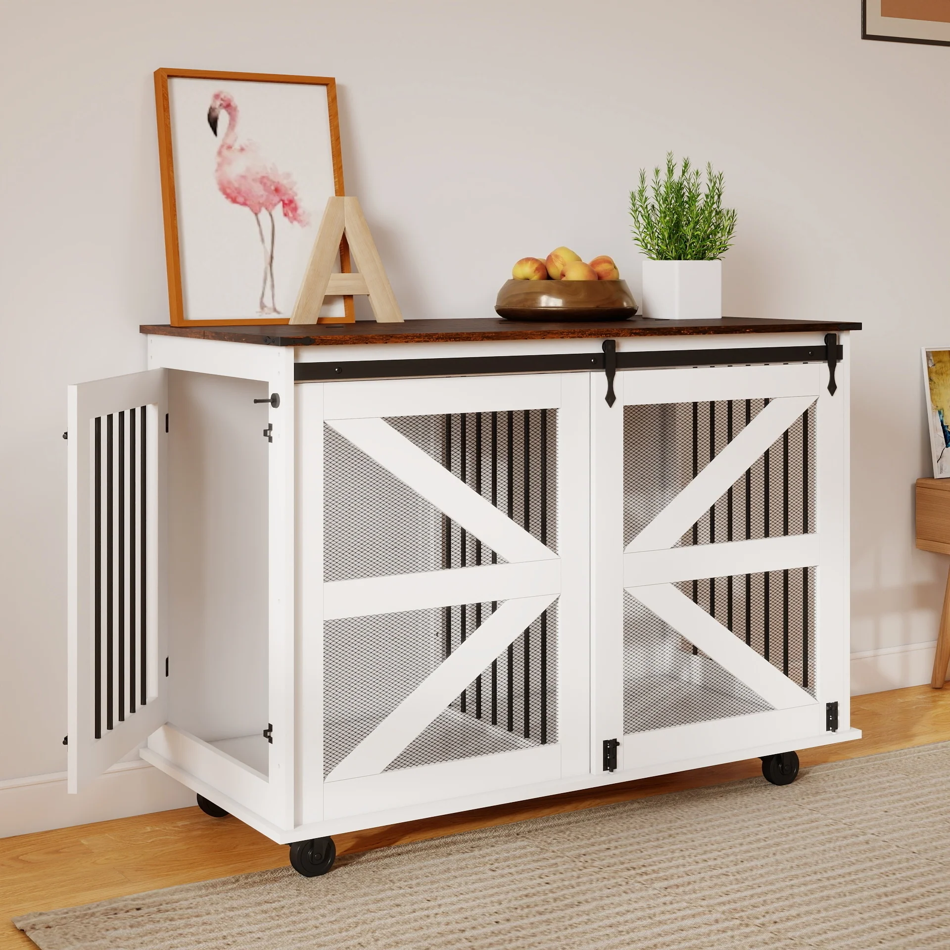 Double Furniture Dog Crate Sliding Barn Doors Removable Divider Wood - Image 49