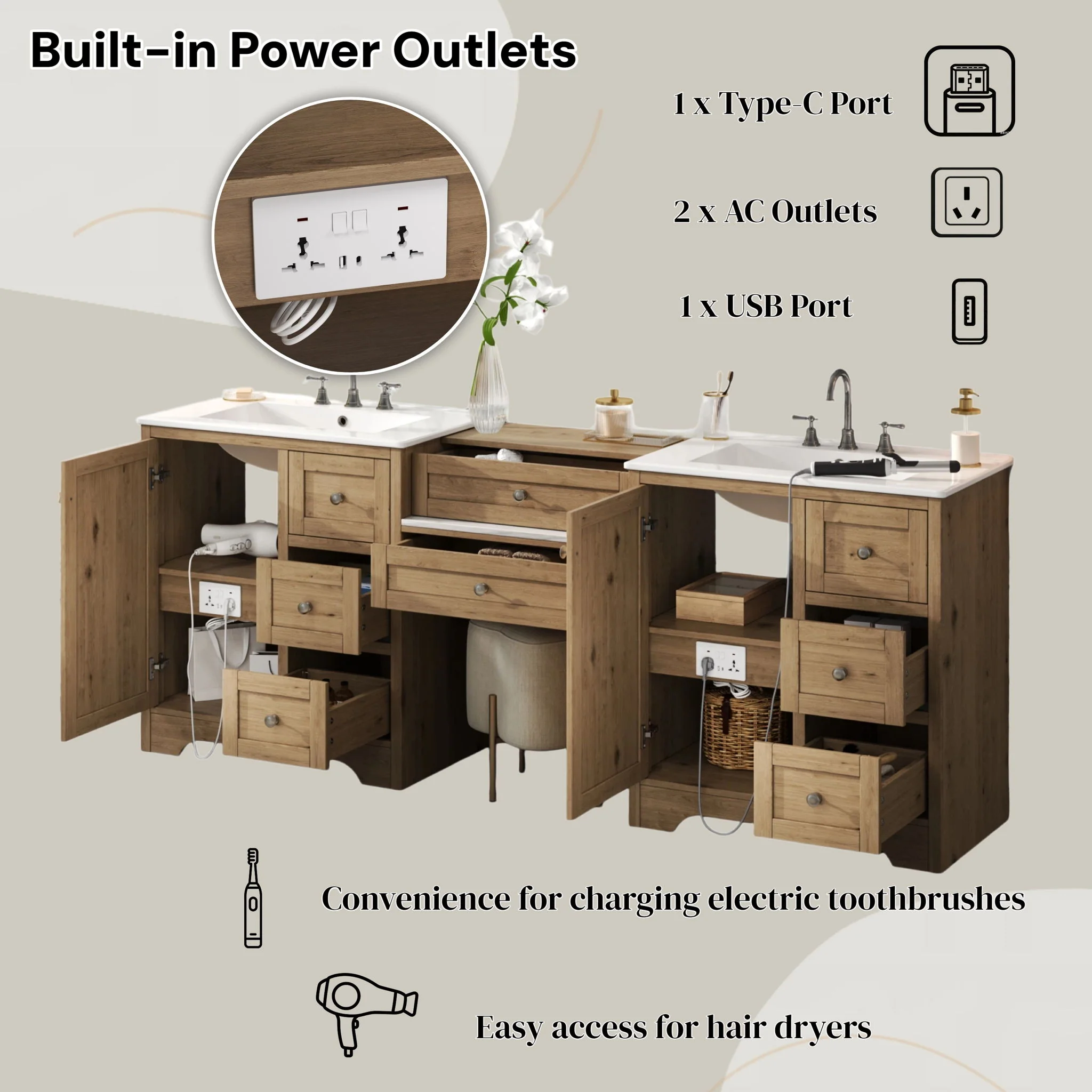 Double Sink Bathroom Vanity With Countertop, 2 Ceramic Sinks, 6 Drawers, Soft Close Design - Image 14