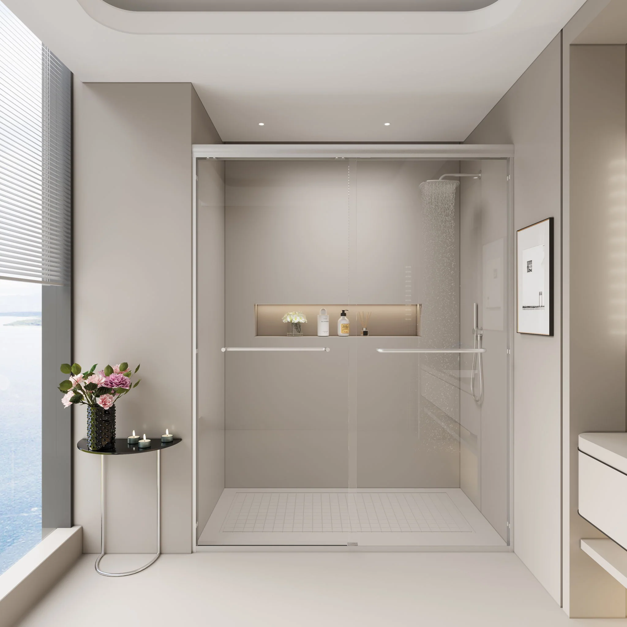 Double Sliding Shower Door, Semi-Frameless Bypass Bathroom Sliding Door With 1/4" (6 Mm) Tempered Glass For Walk-In Shower - Image 15