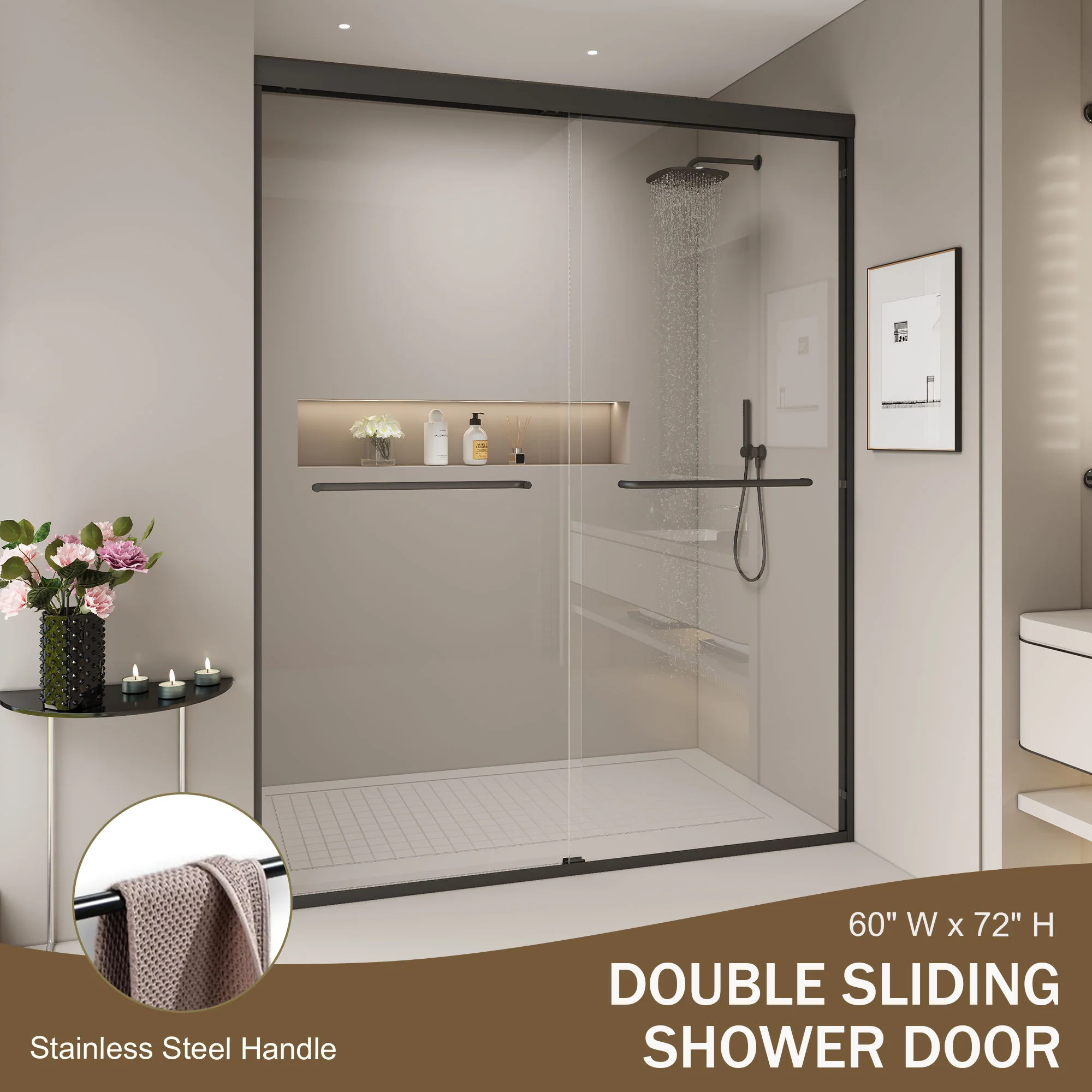 Double Sliding Shower Door, Semi-Frameless Bypass Bathroom Sliding Door With 1/4" (6 Mm) Tempered Glass For Walk-In Shower - Image 17