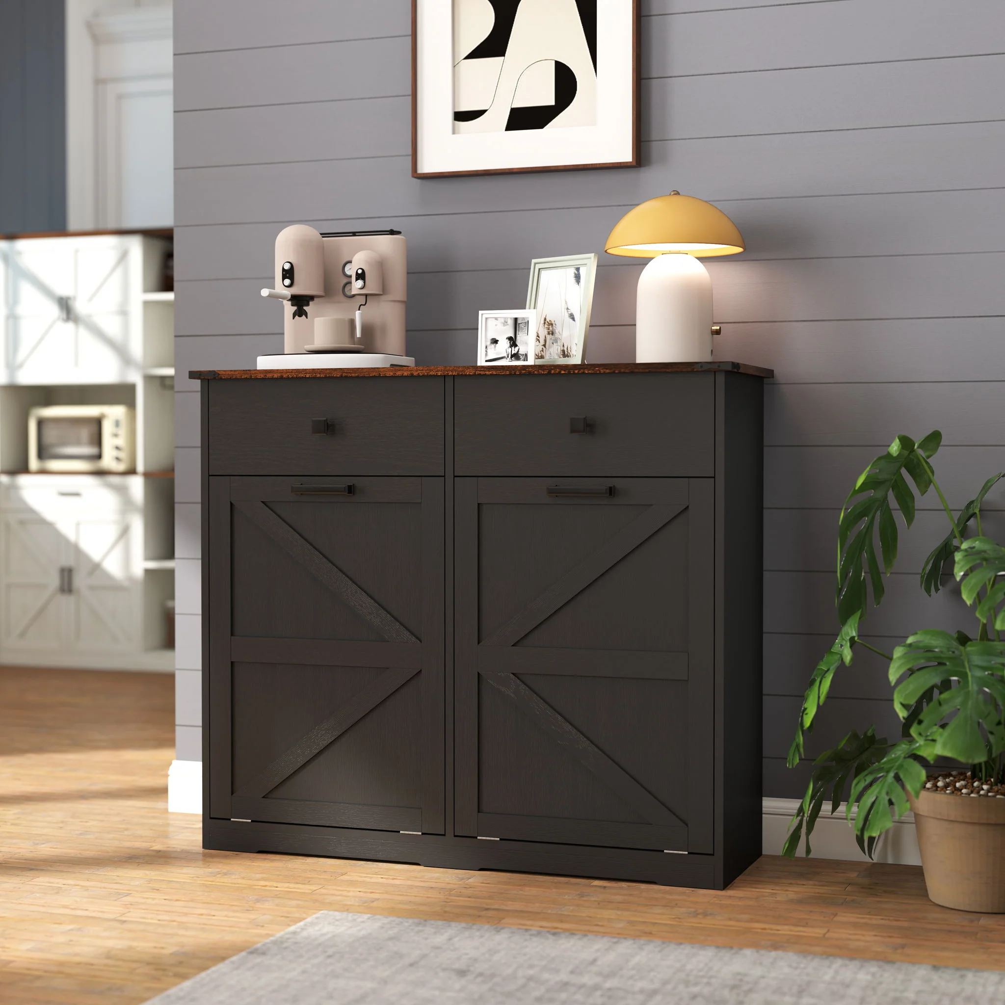 Double Tilt Out Trash Cabinet With Hideaway Drawer And Barn Door Style - Image 7
