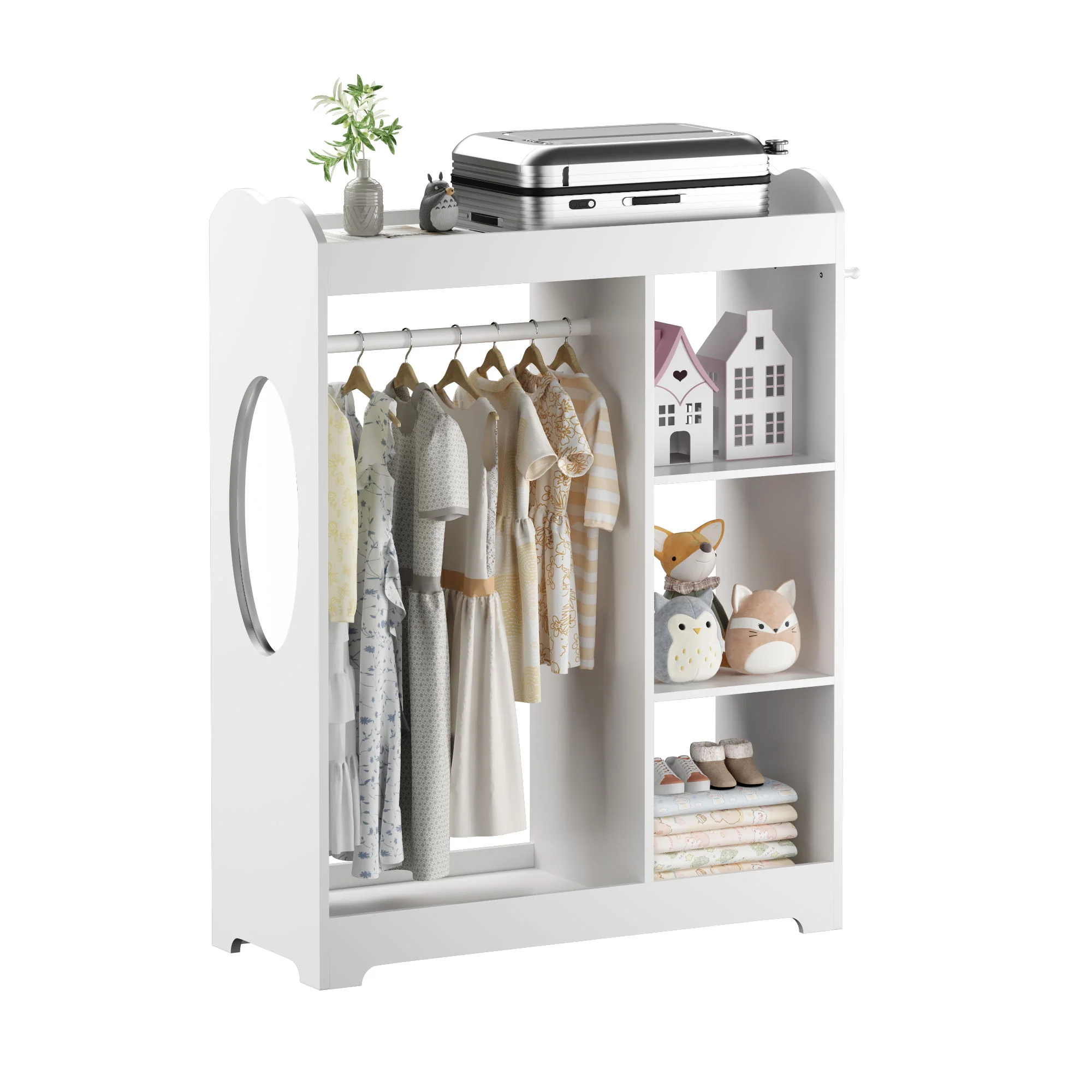 Dress Up Storage With Mirror And Hooks, Clothes Rack With Hanging Rod, 3 Side Hooks, Open Shelves, Top Shelf Organizer - White - Image 5