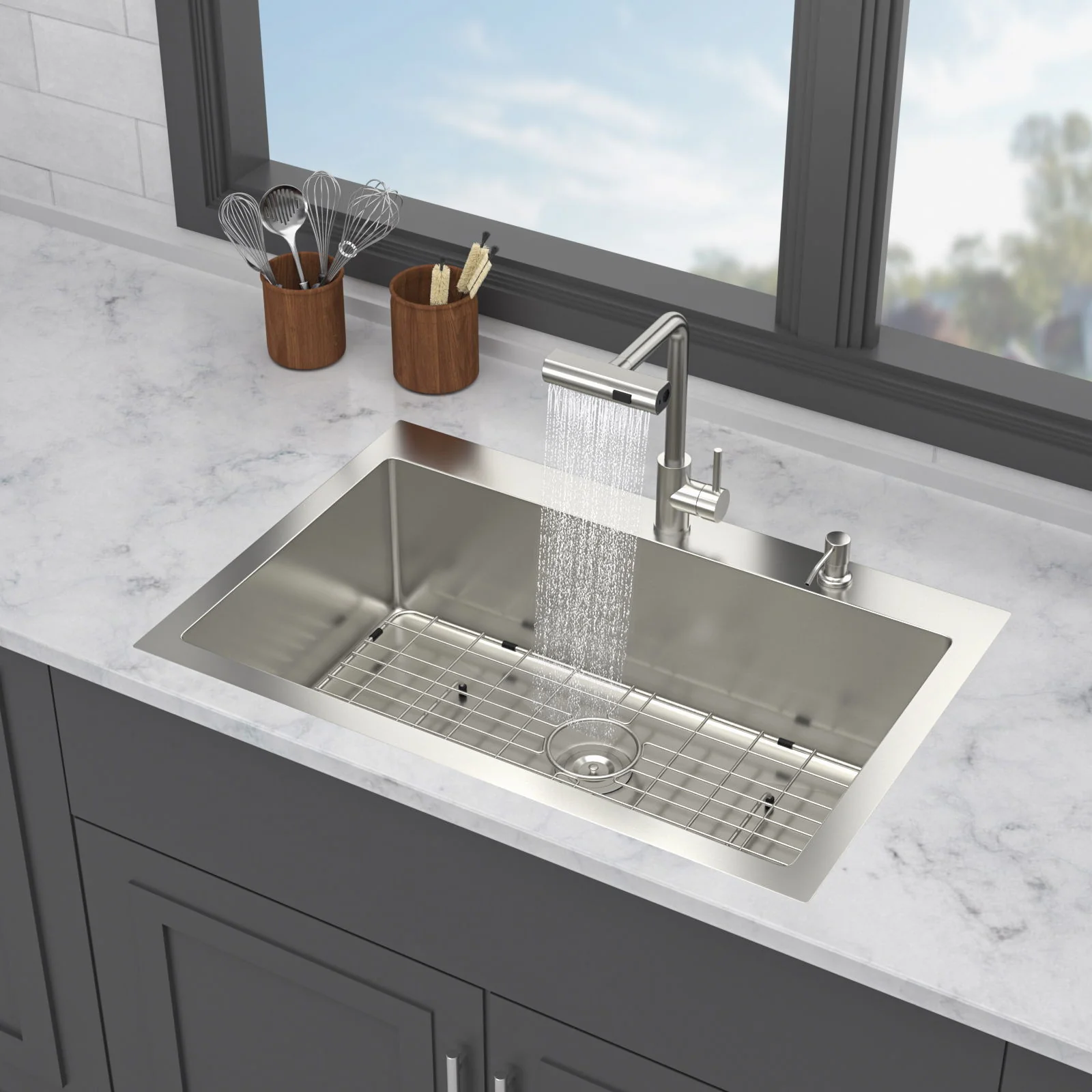 Drop In Kitchen Sink With Pull Down Faucet And Soap Dispenser - Image 6