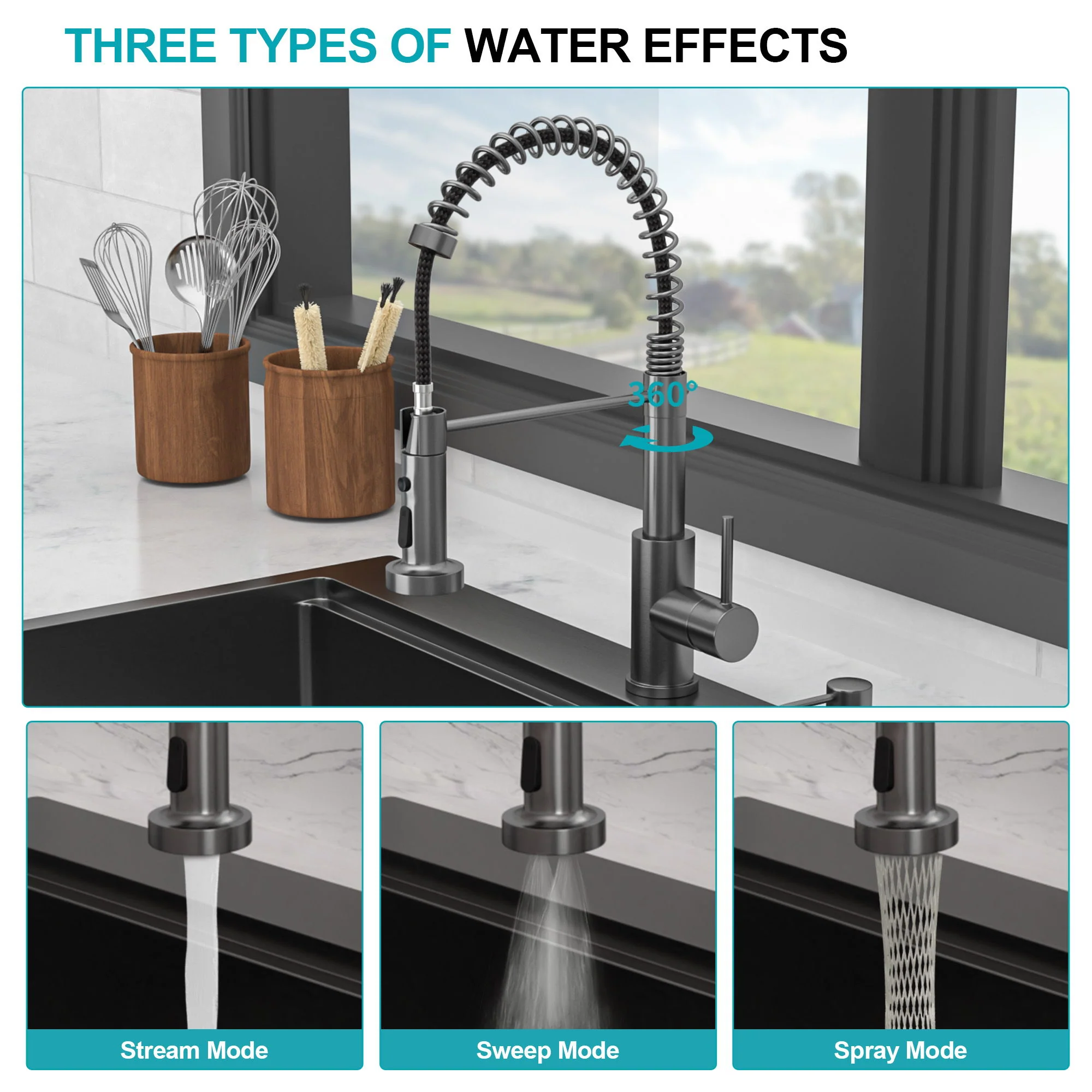Drop In Workstation Sink Topmount Single Bowl With Pull Out Faucet And Soap Dispenser - Gunmetal Black - Image 5